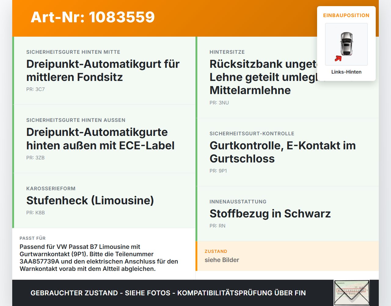 VW Passat 3C B7 10-14 Lim Gurtschloss Links Hinten VW Passat 3C B7 10-14 22.02.2014 3AA857739A gebraucht Vorschau 3