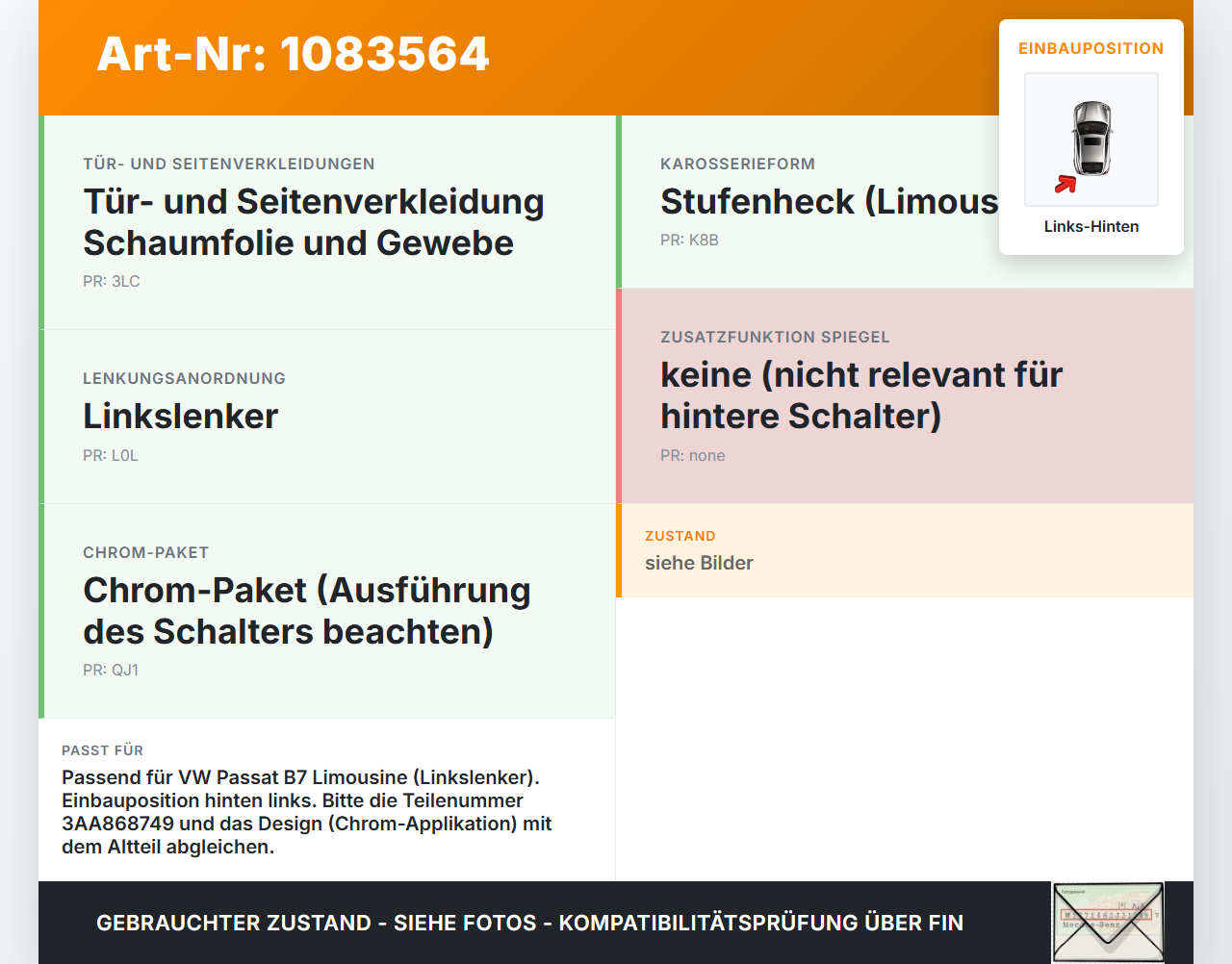 VW Passat 3C B7 10-14 Lim Fensterheberschalter Schalter Links Hinten VW Passat 3C B7 10-14 22.02.2014 3AA868749... Vorschau 3