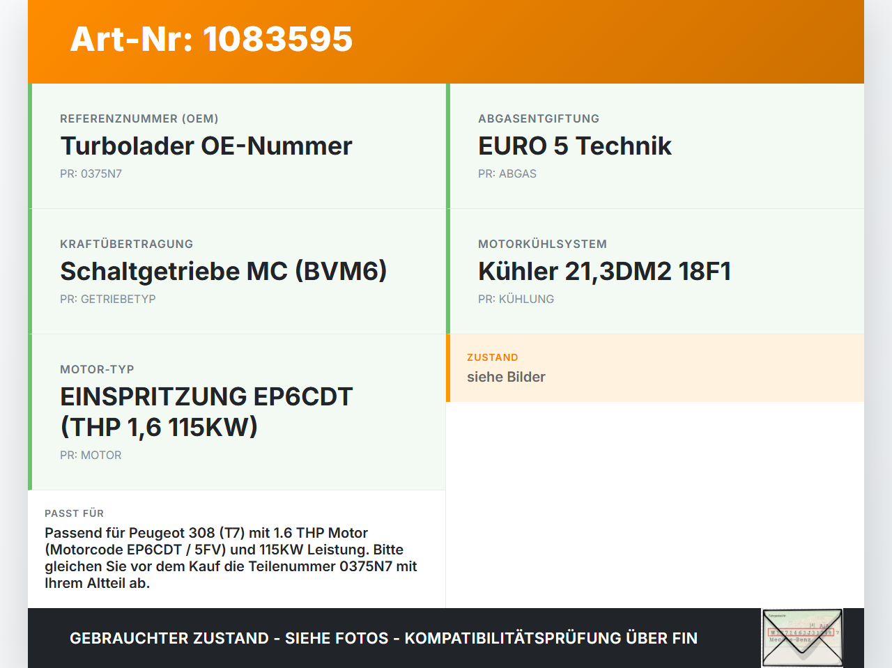 Peugeot 308 CC 07-11 THP 1,6 115KW 5FV Turbolader Turbo Abgasturbolader Peugeot 308 CC 07-11 26.01.2011 0375N7... Vorschau 3