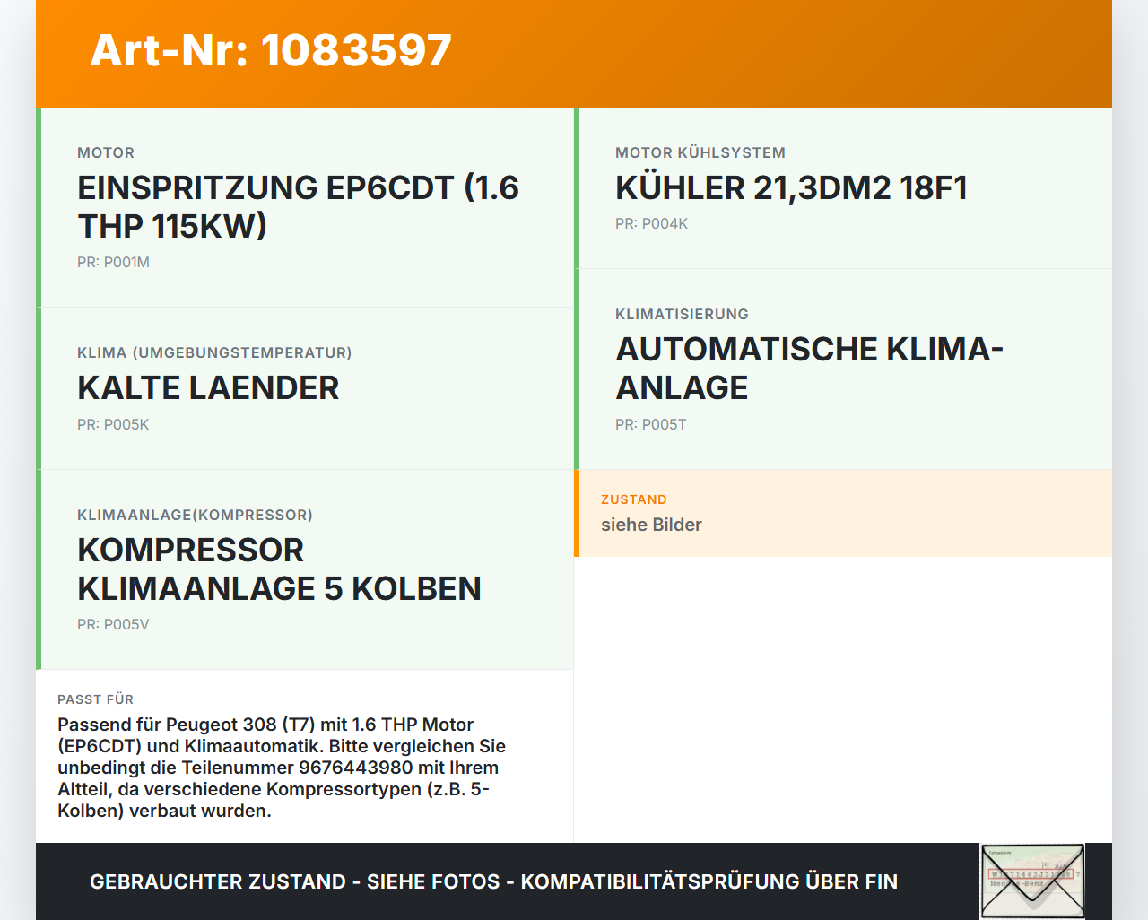 Peugeot 308 CC 07-11 THP 1,6 115KW Klimakompressor Klima Kompressor Peugeot 308 CC 07-11 26.01.2011 9676443980... Vorschau 3