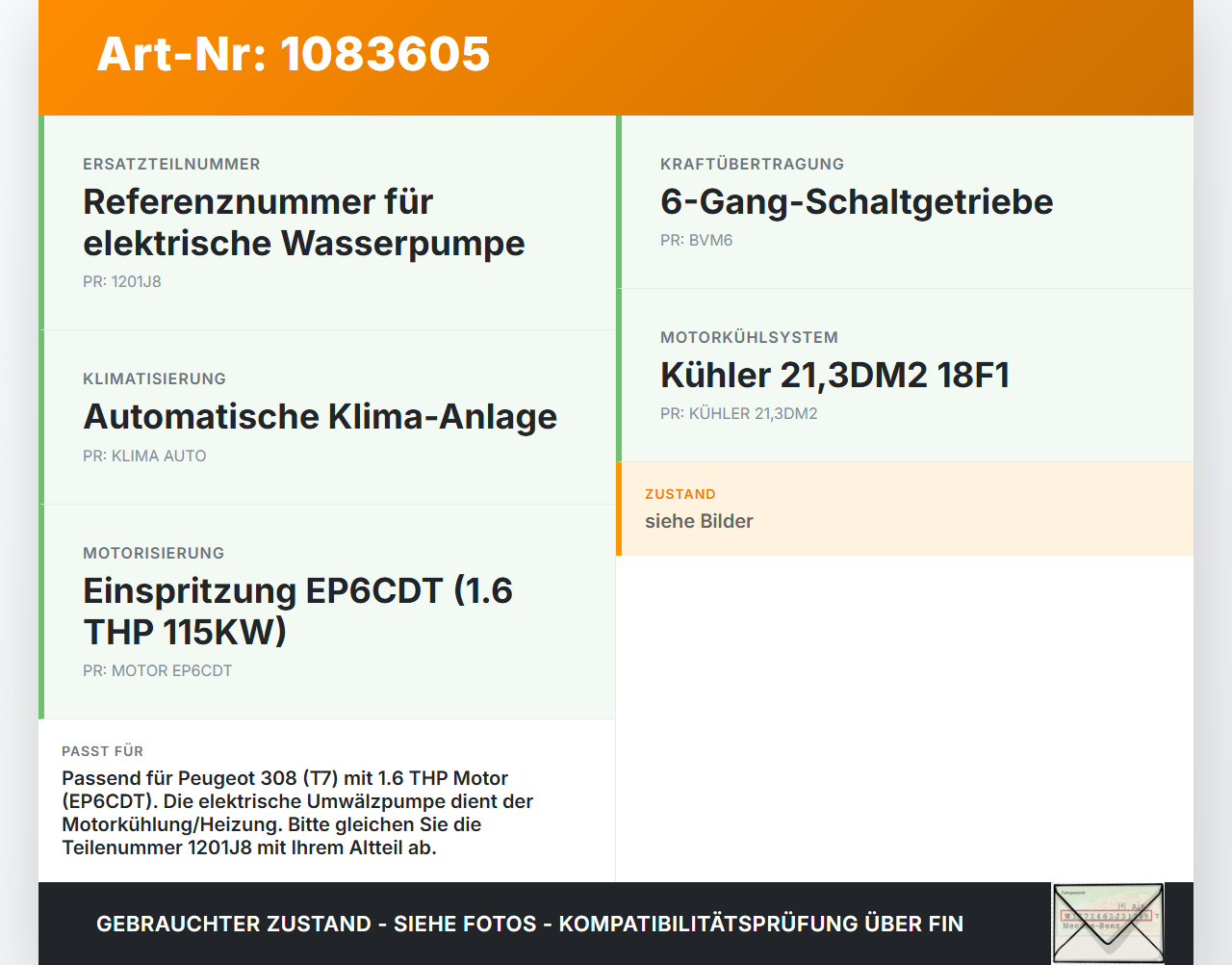 Peugeot 308 CC 07-11 THP 1,6 115KW Umwelzpumpe Heizung Pumpe Peugeot 308 CC 07-11 26.01.2011 1201J8 gebraucht Vorschau 3