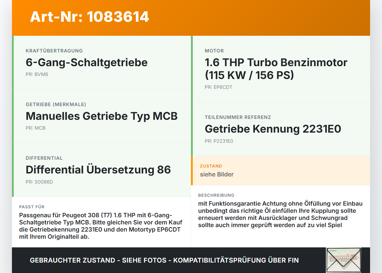 Peugeot 308 CC 07-11 THP 1,6 115KW MCB Schaltgetriebe Getriebe EA12 Peugeot 308 CC 07-11 26.01.2011 2231E0 gebraucht Vorschau 3