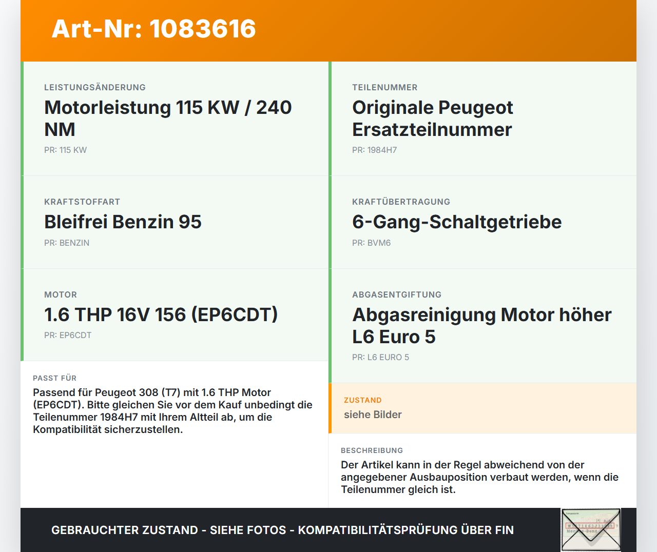 Peugeot 308 CC 07-11 THP 1,6 115KW Injektor Einspritzdüse Zyl.1 Peugeot 308 CC 07-11 26.01.2011 1984H7 gebraucht Vorschau 3