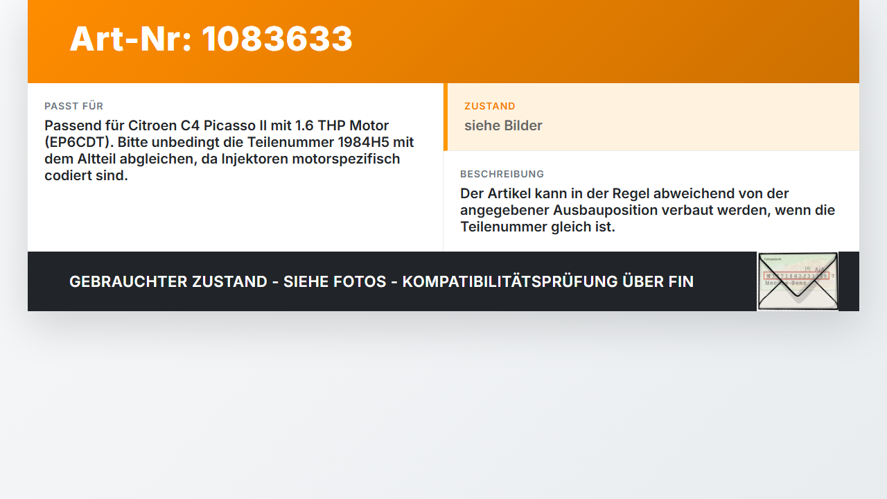 Citroen C4 Picasso II 13-16 THP 1,6 115KW Injektor Einspritzdüse Zyl.1 Citroen C4 Picasso II 13-16 24.09.2013... Vorschau 3