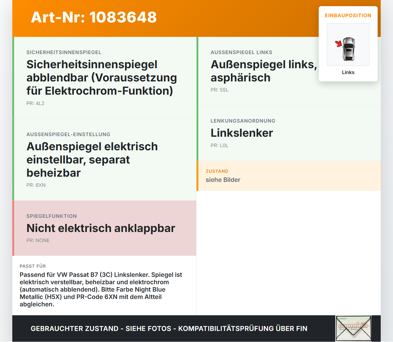 VW Passat 3C B7 10-14 Spiegel Aussenspiegel Links Elektrochrom LH5X VW Passat 3C B7 10-14 22.02.2014 3AA857507... Vorschau 3