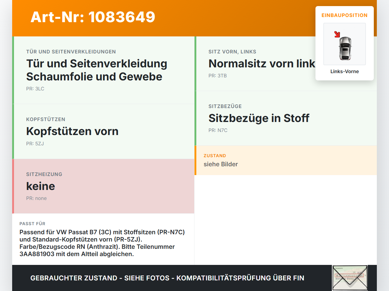 VW Passat 3C B7 10-14 Kopfstütze Fahrer Links Vorne VW Passat 3C B7 10-14 22.02.2014 3AA881903 gebraucht Vorschau 3