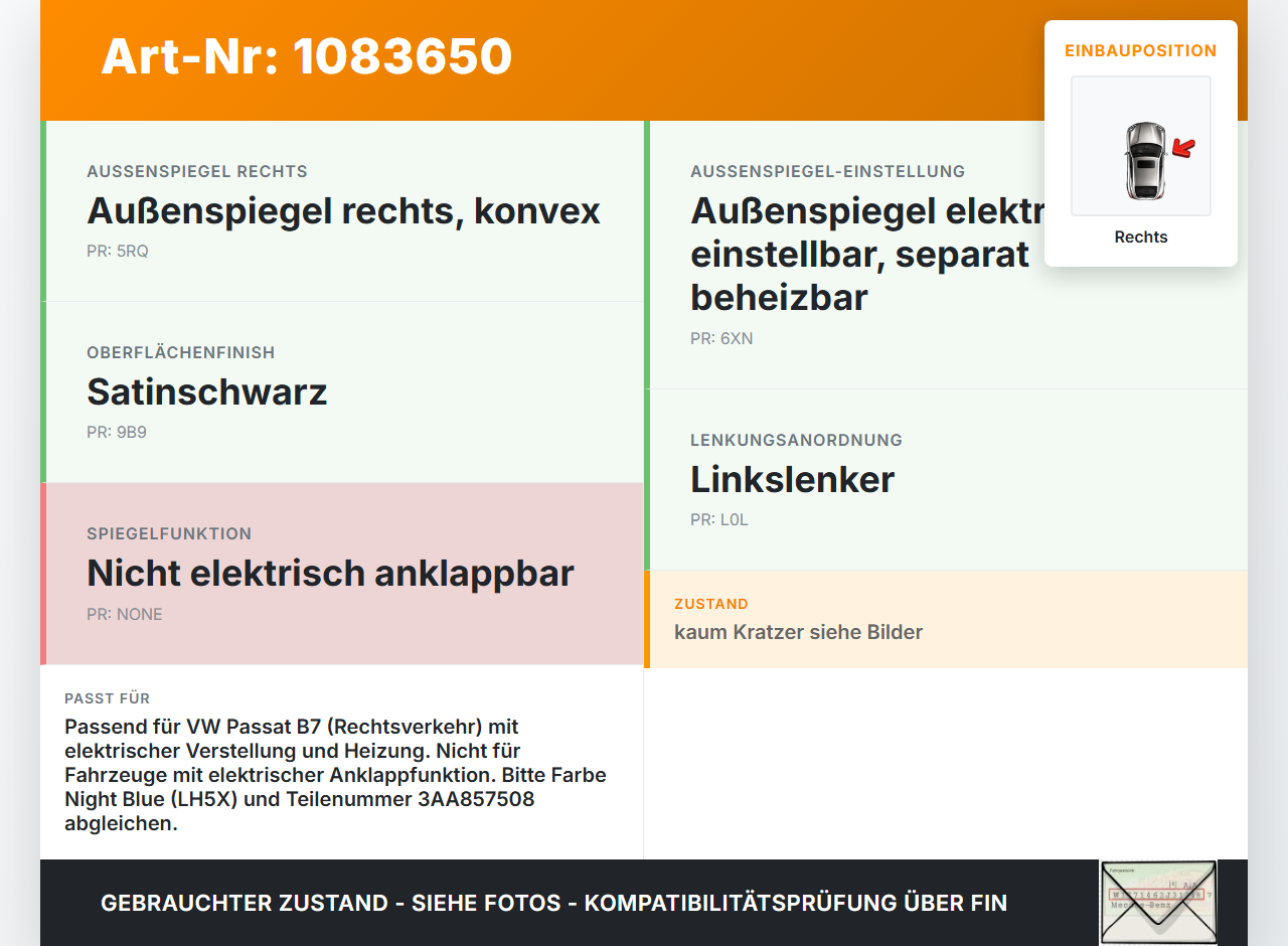 VW Passat 3C B7 10-14 Spiegel Aussenspiegel Rechts LH5X VW Passat 3C B7 10-14 22.02.2014 3AA857508 3C0857934A gebraucht Vorschau 3