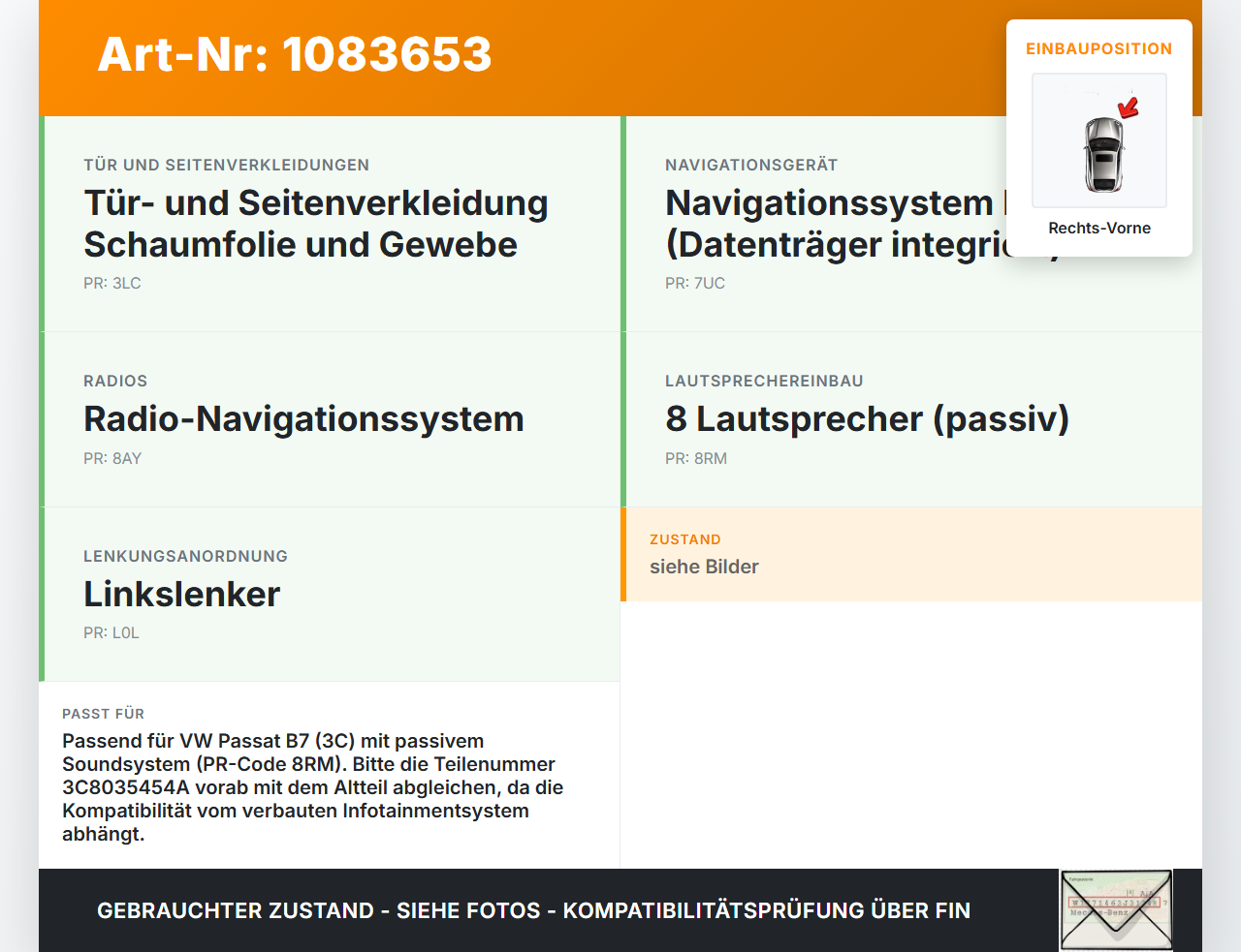 VW Passat 3C B7 10-14 Lautsprecher Rechts Vorne D&M PSS VW Passat 3C B7 10-14 22.02.2014 3C8035454 gebraucht Vorschau 3