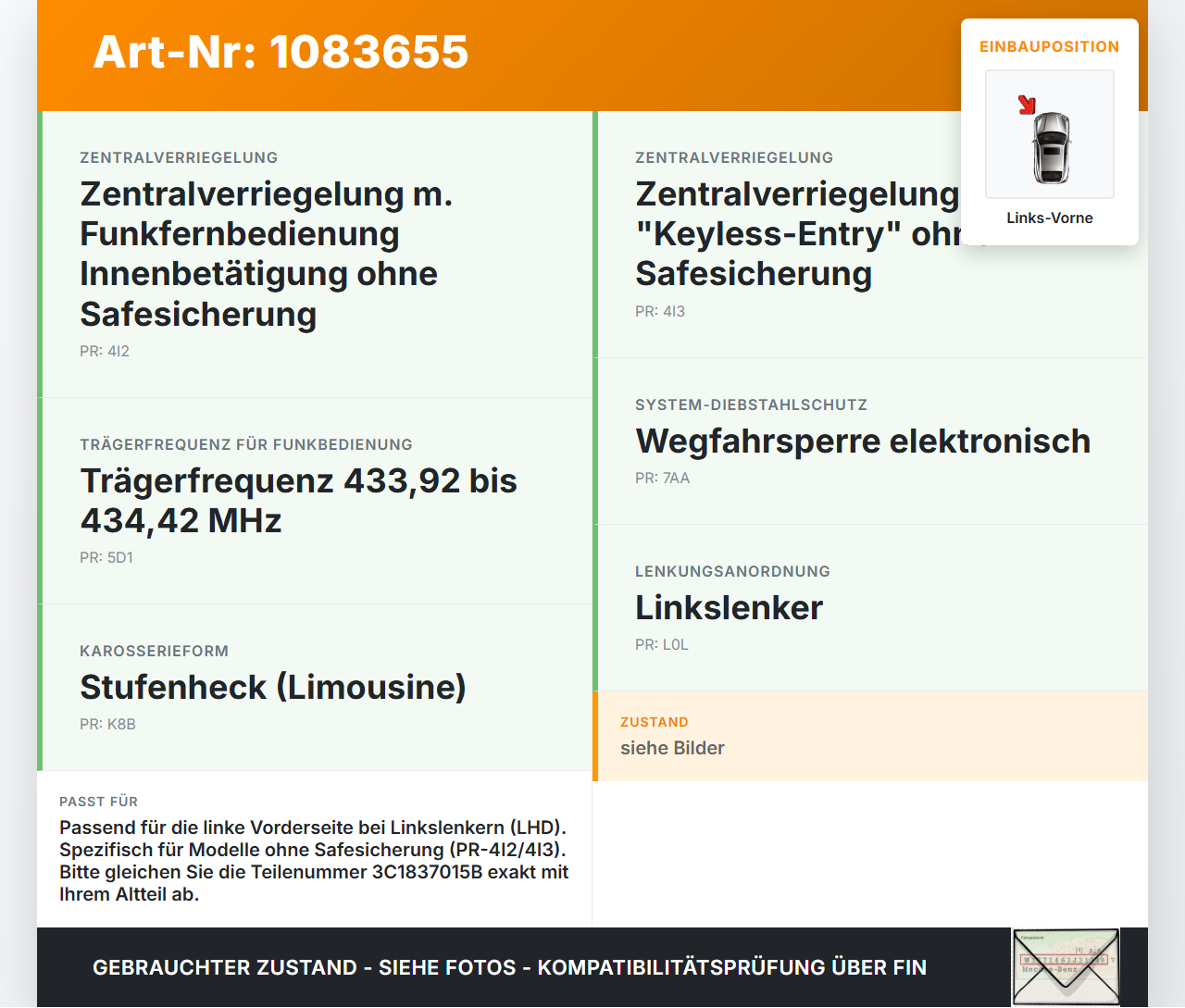 VW Passat 3C B7 10-14 Lim Türschloss m. ZV Stellmotor Links Vorne VW Passat 3C B7 10-14 22.02.2014 3C1837015B gebraucht Vorschau 3