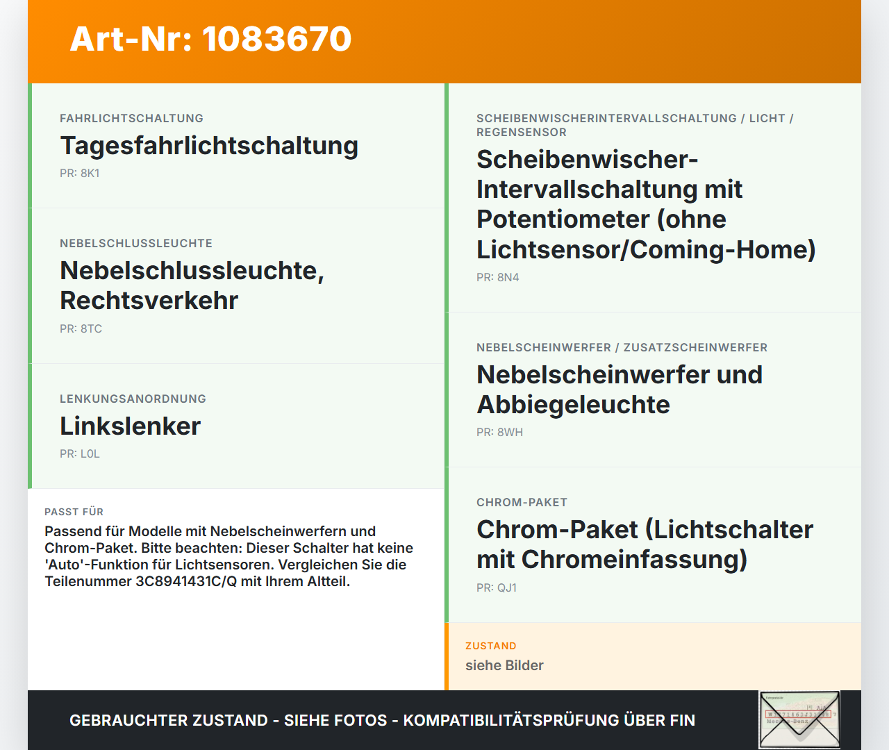 VW Passat 3C B7 10-14 Lichtschalter Schalter VW Passat 3C B7 10-14 22.02.2014 3C8941431C gebraucht Vorschau 3
