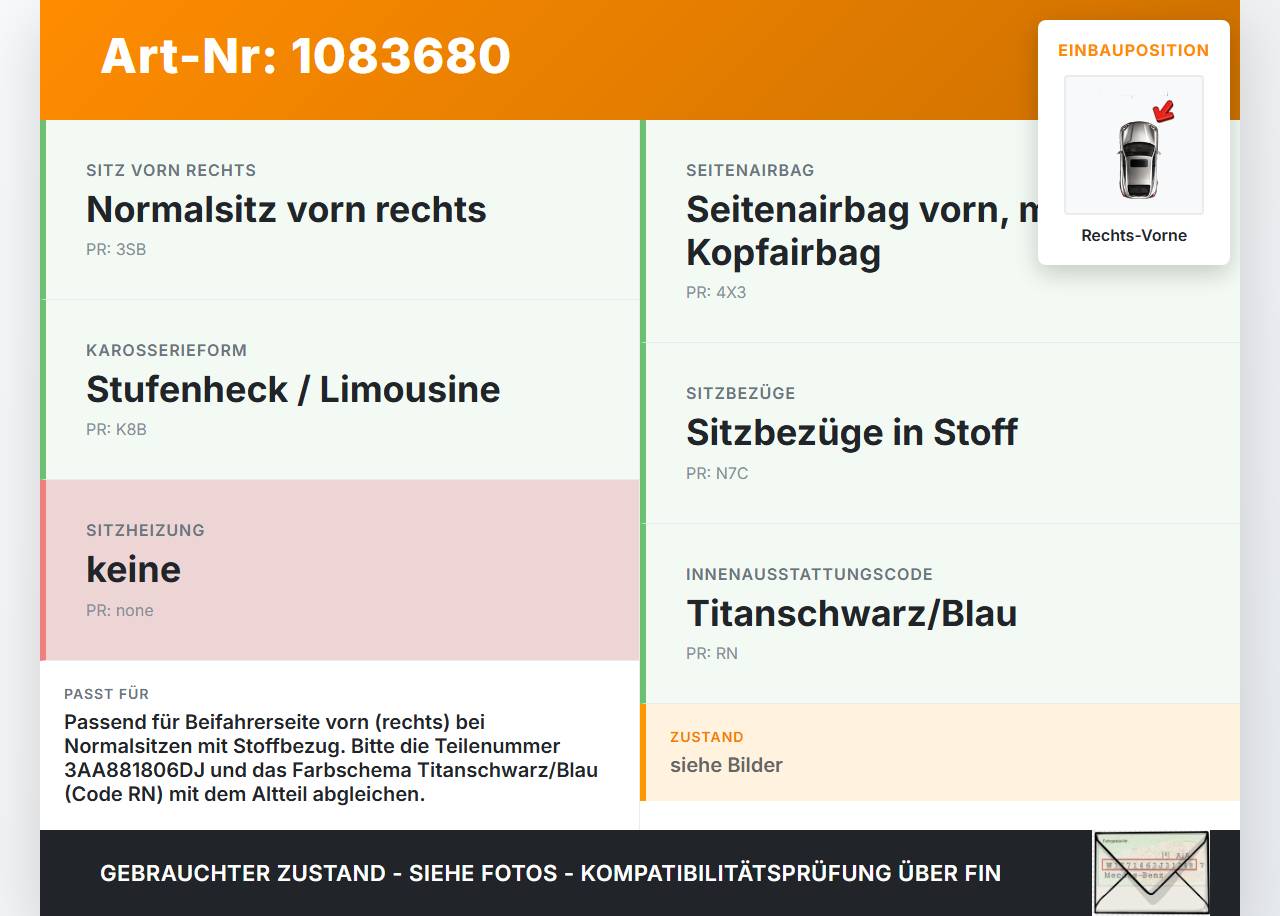 VW Passat 3C B7 10-14 Lim Sitzbezug Rückenpolster Rechts Vorne für Beifahrer Sitz VW Passat 3C B7 10-14 22.02.2014... Vorschau 3