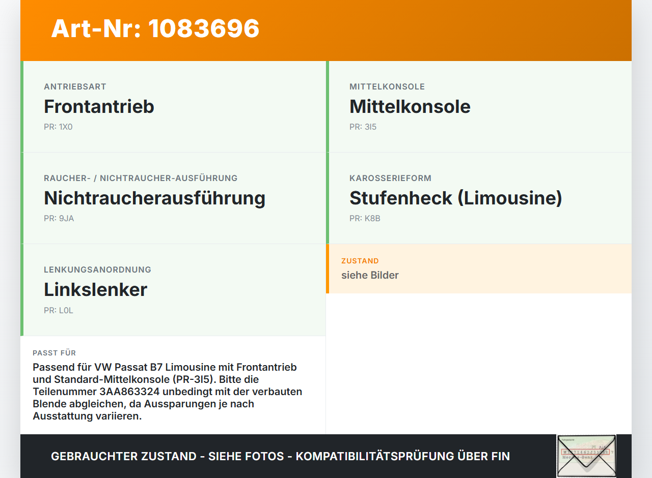 VW Passat 3C B7 10-14 Lim Blende Innen für Mittelkonsole VW Passat 3C B7 10-14 22.02.2014 3AA863324 5412501... Vorschau 3