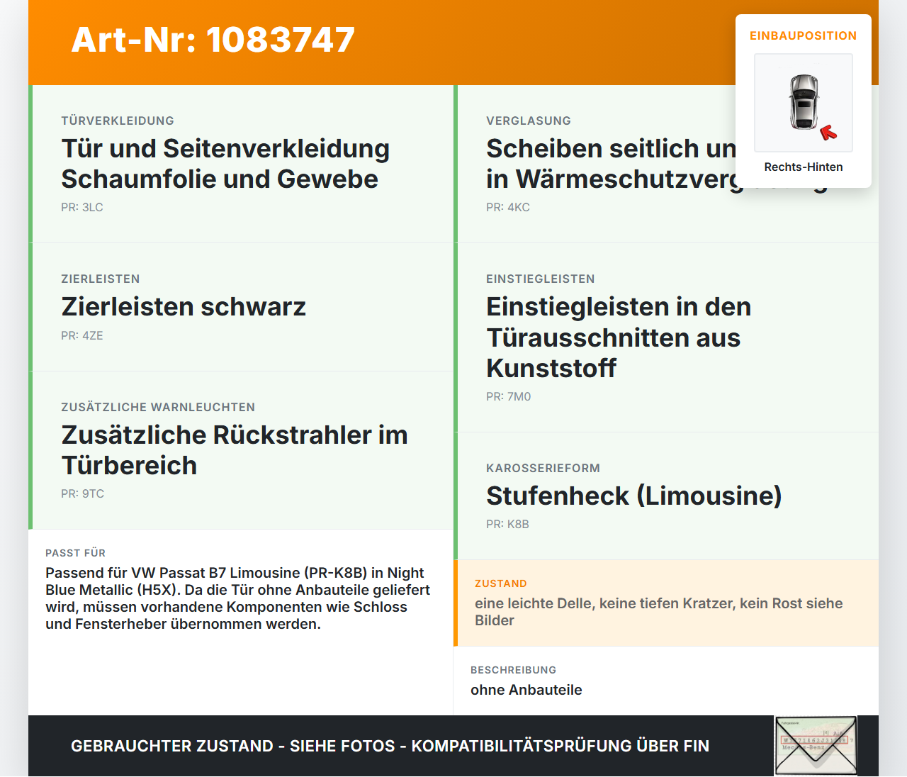 VW Passat 3C B7 10-14 Lim Tür Rechts Hinten LH5X VW Passat 3C B7 10-14 22.02.2014 3AE833056 gebraucht Vorschau 3