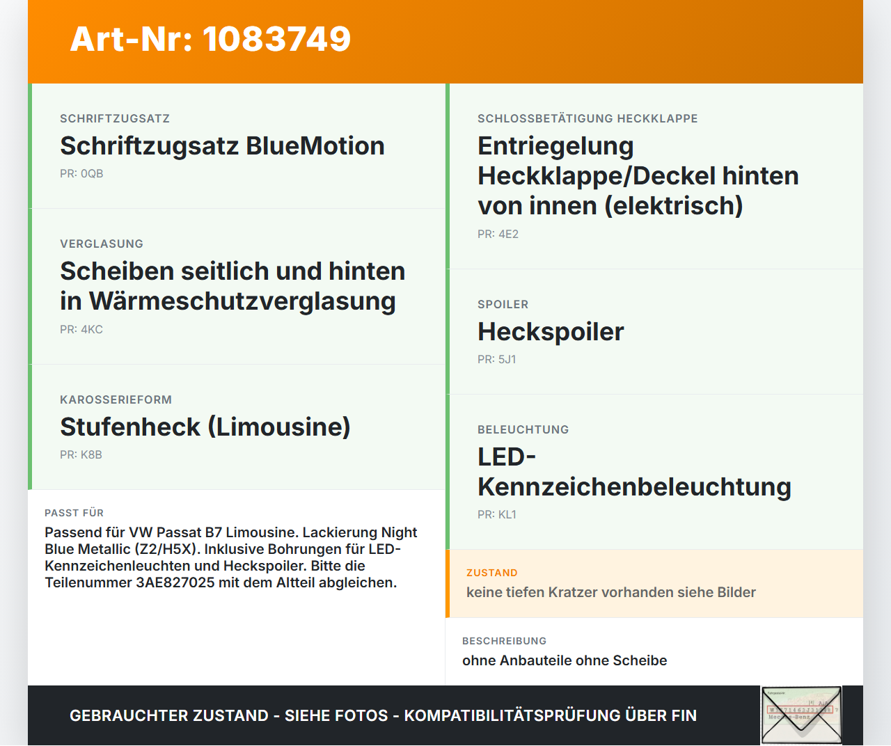 VW Passat 3C B7 10-14 Lim Kofferraumdeckel Heckklappe ohne Scheibe LH5X VW Passat 3C B7 10-14 22.02.2014 3AE827025... Vorschau 3