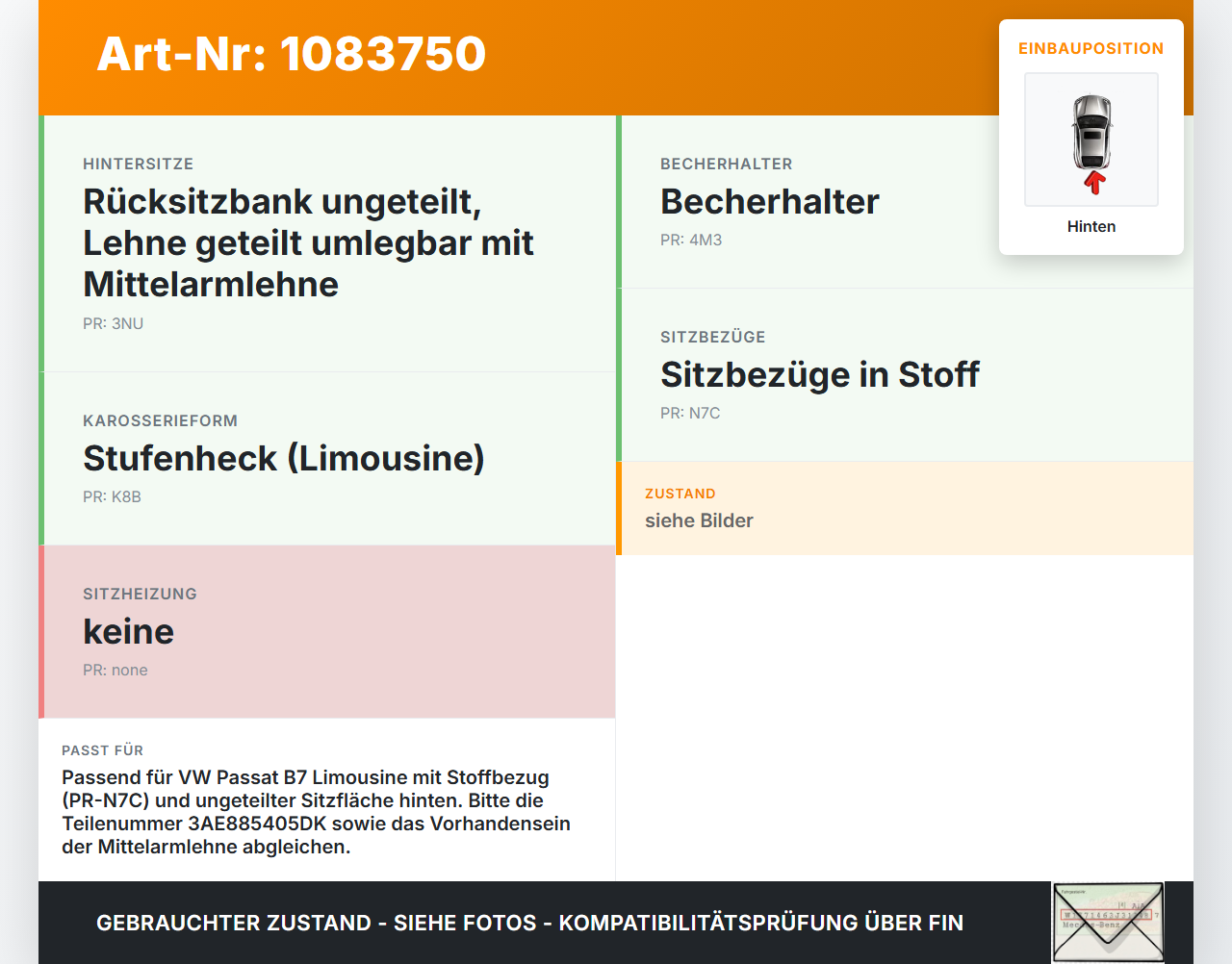 VW Passat 3C B7 10-14 Lim Sitzbezug Sitzpolster für Rücksitzbank Hinten VW Passat 3C B7 10-14 22.02.2014... Vorschau 3