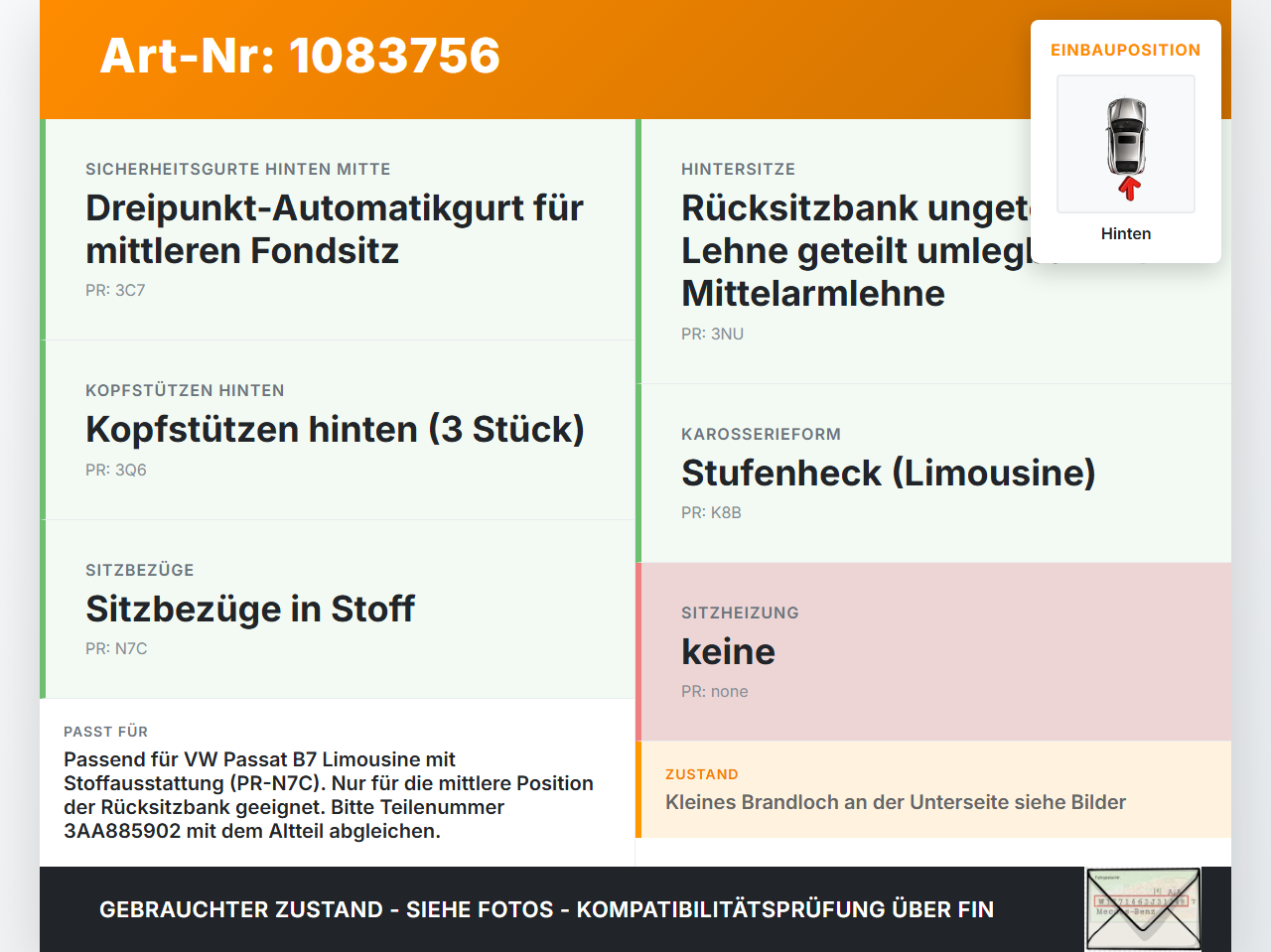 VW Passat 3C B7 10-14 Kopfstütze Mitte Hinten VW Passat 3C B7 10-14 22.02.2014 3AA885902 gebraucht Vorschau 3