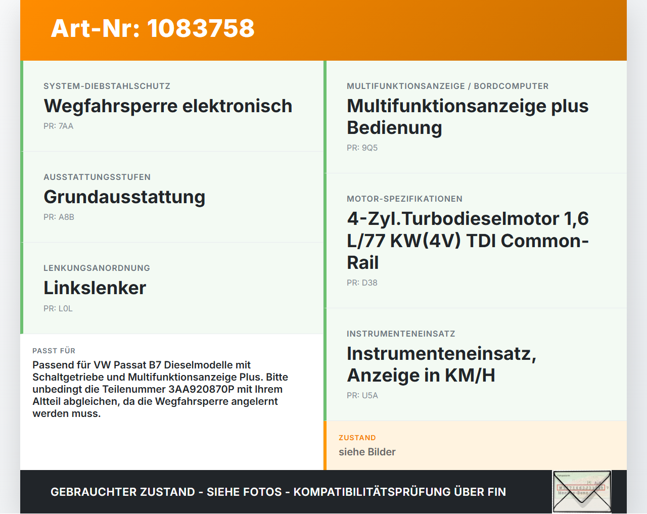 VW Passat 3C B7 10-14 Diese TDI 1,6 77KW Kombiinstrument Tacho VW Passat 3C B7 10-14 22.02.2014 3AA920870P... Vorschau 3