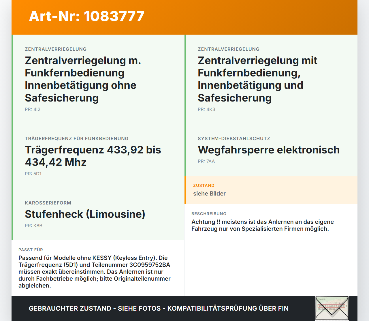 VW Passat 3C B7 10-14 Lim ZV Schlüssel Funkschlüssel VW Passat 3C B7 10-14 22.02.2014 3C0959752BA gebraucht Vorschau 3