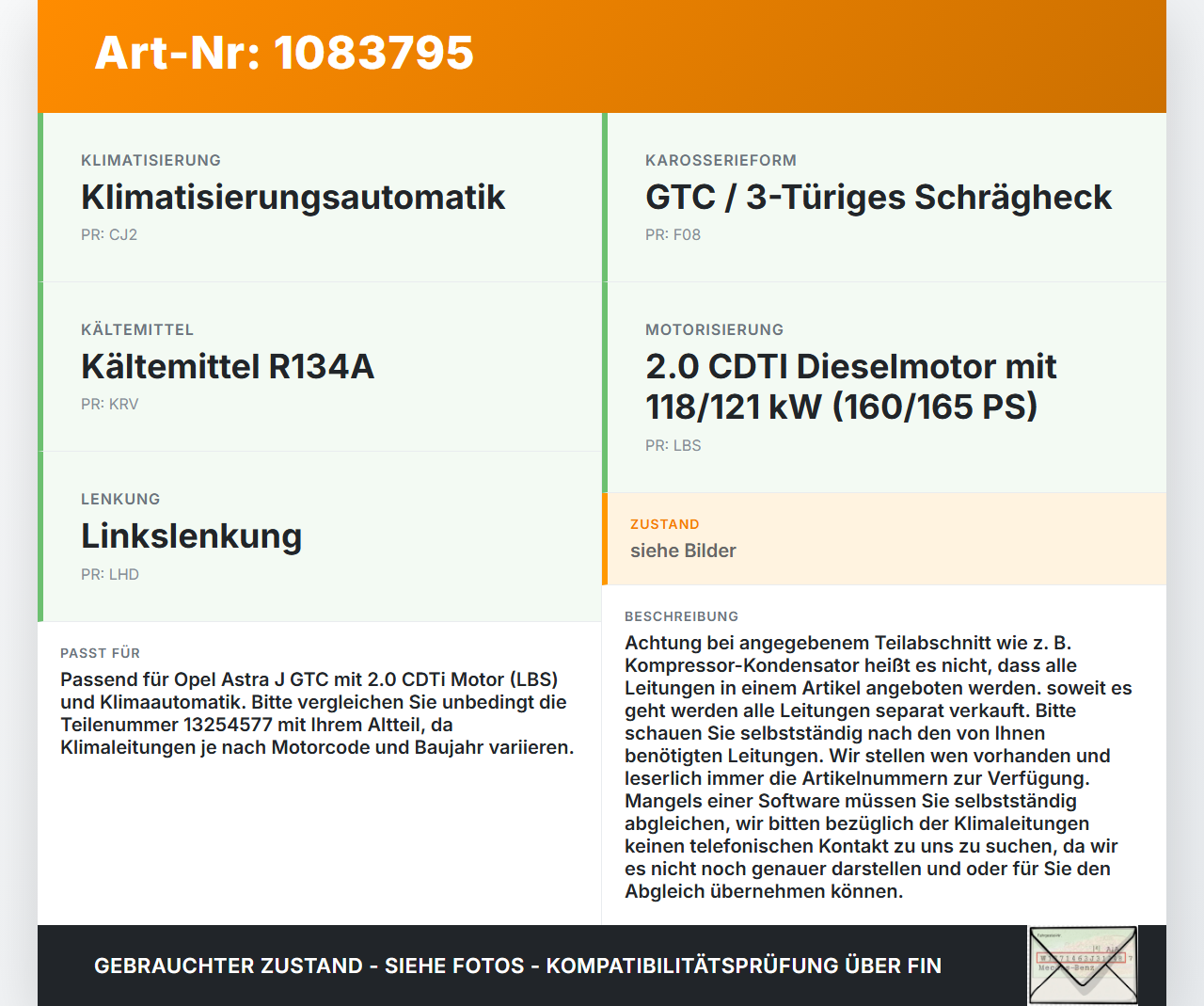 Opel Astra J GTC 11-18 CDTi 2,0 121KW Klimaschlauch Klimaleitung Opel Astra J GTC 11-18 16.11.2011 13254577 gebraucht Vorschau 3