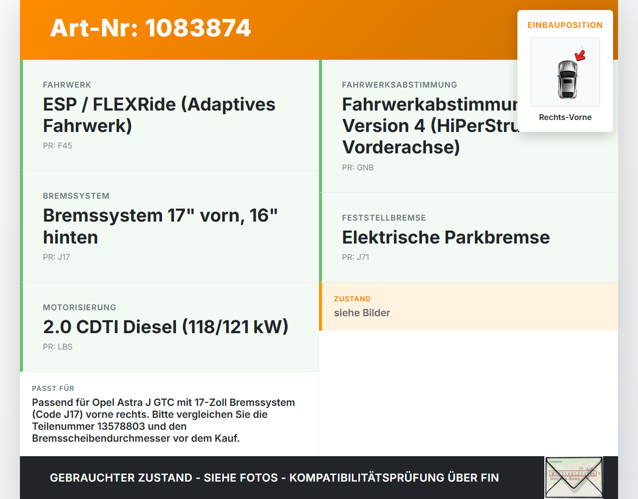Opel Astra J GTC 11-18 CDTi 2,0 121KW Bremssattel Bremszange Vorne Rechts Opel Astra J GTC 11-18 16.11.2011... Vorschau 3