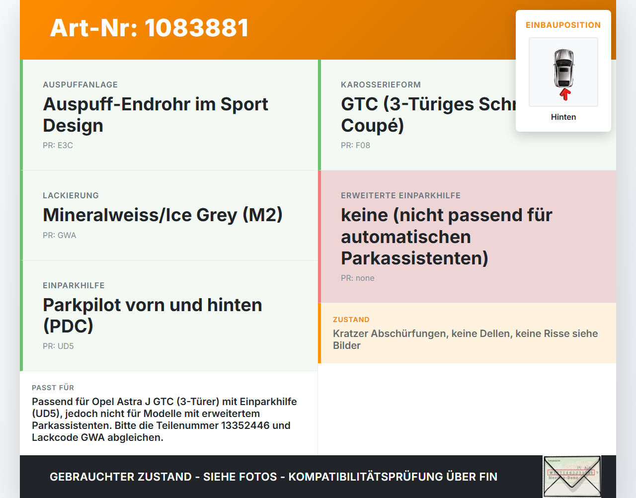 Opel Astra J GTC 11-18 3 Türer Stoßstange Stoßfänger Heckstosstange Hinten GWA Opel Astra J GTC 11-18 16.11.2011... Vorschau 3