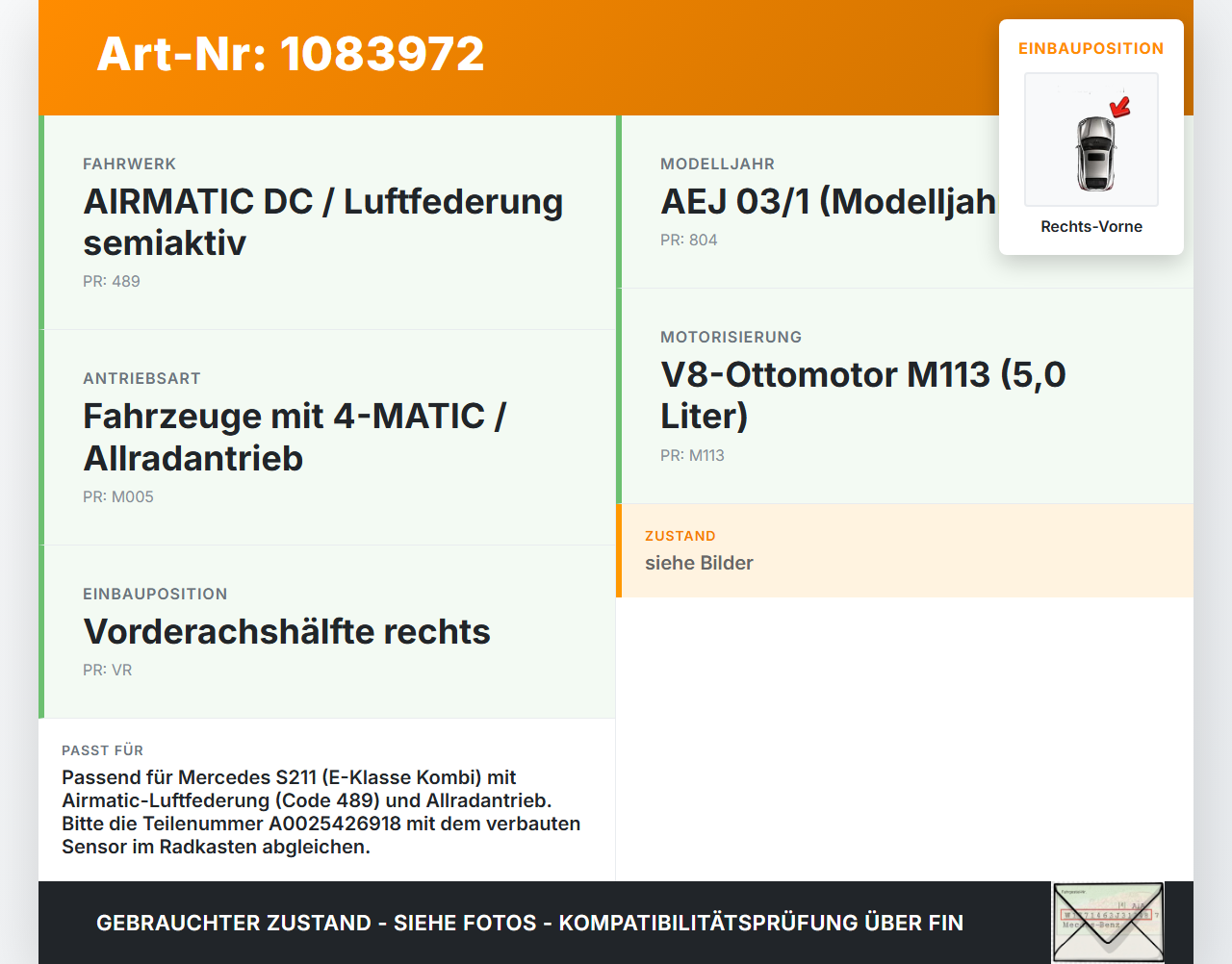 Mercedes S211 E500 02-06 Airbagsensor Crashsensor Sensor Rechts Vorne Mercedes S211 E500 02-06 01.07.2004... Vorschau 3