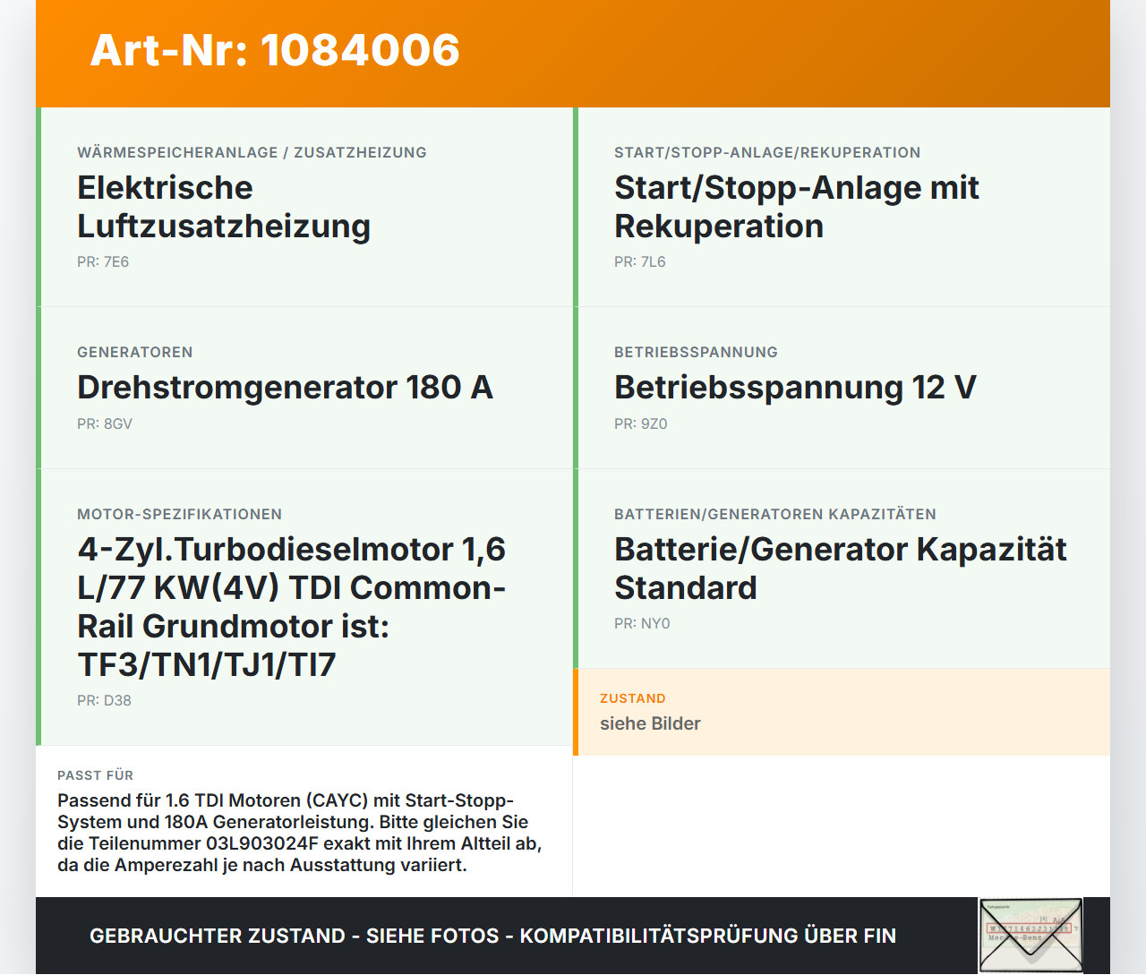VW Passat 3C B7 10-14 TDI 1,6 77KW Lichtmaschine Generator 180A VW Passat 3C B7 10-14 22.02.2014 03L903024F... Vorschau 3