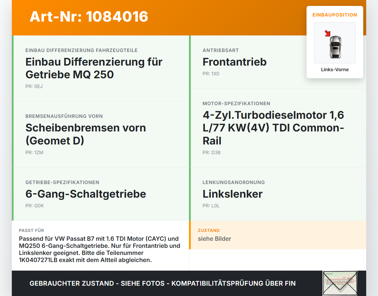 VW Passat 3C B7 10-14 TDI 1,6 77KW Antriebswelle Gelenkwelle Links Vorne VW Passat 3C B7 10-14 22.02.2014... Vorschau 3