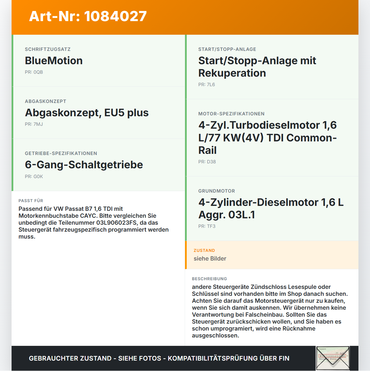 VW Passat 3C B7 10-14 TDI 1,6 77KW Steuergerät ECU für Motor Motorsteuergerät VW Passat 3C B7 10-14 22.02.2014... Vorschau 3