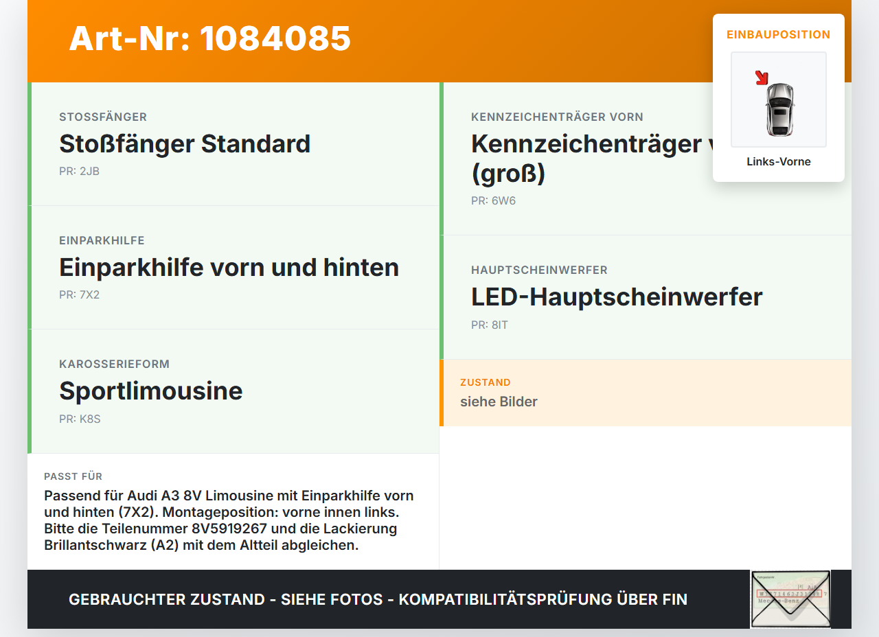 Audi A3 8V 12-16 Abstands Sensor Parksensor PDC Einparkhilfe Vorne Innen Links Audi A3 8V 12-16 17.06.2016... Vorschau 3