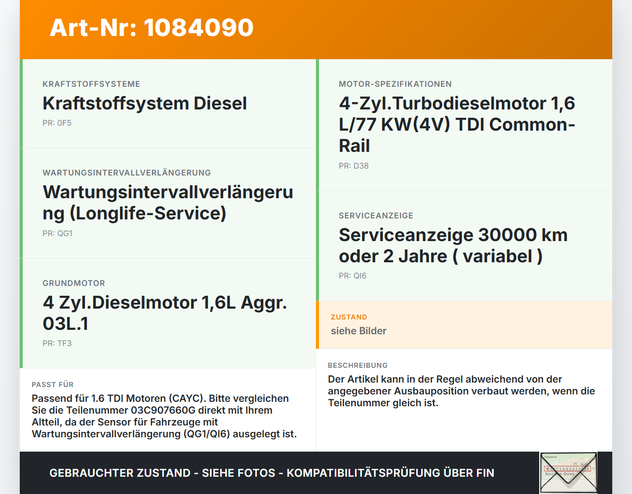 VW Passat 3C B7 10-14 TDI 1,6 77KW CAYC Ölstandsensor VW Passat 3C B7 10-14 22.02.2014 03C907660G 6PR009629-02 gebraucht Vorschau 3