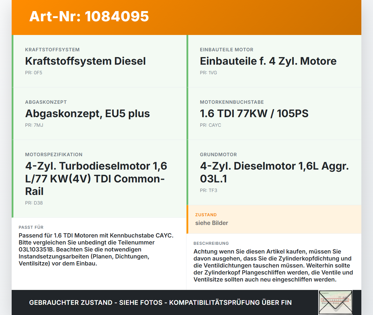VW Passat 3C B7 10-14 TDI 1,6 77KW CAYC Zylinderkopf VW Passat 3C B7 10-14 22.02.2014 03L103351B gebraucht Vorschau 3