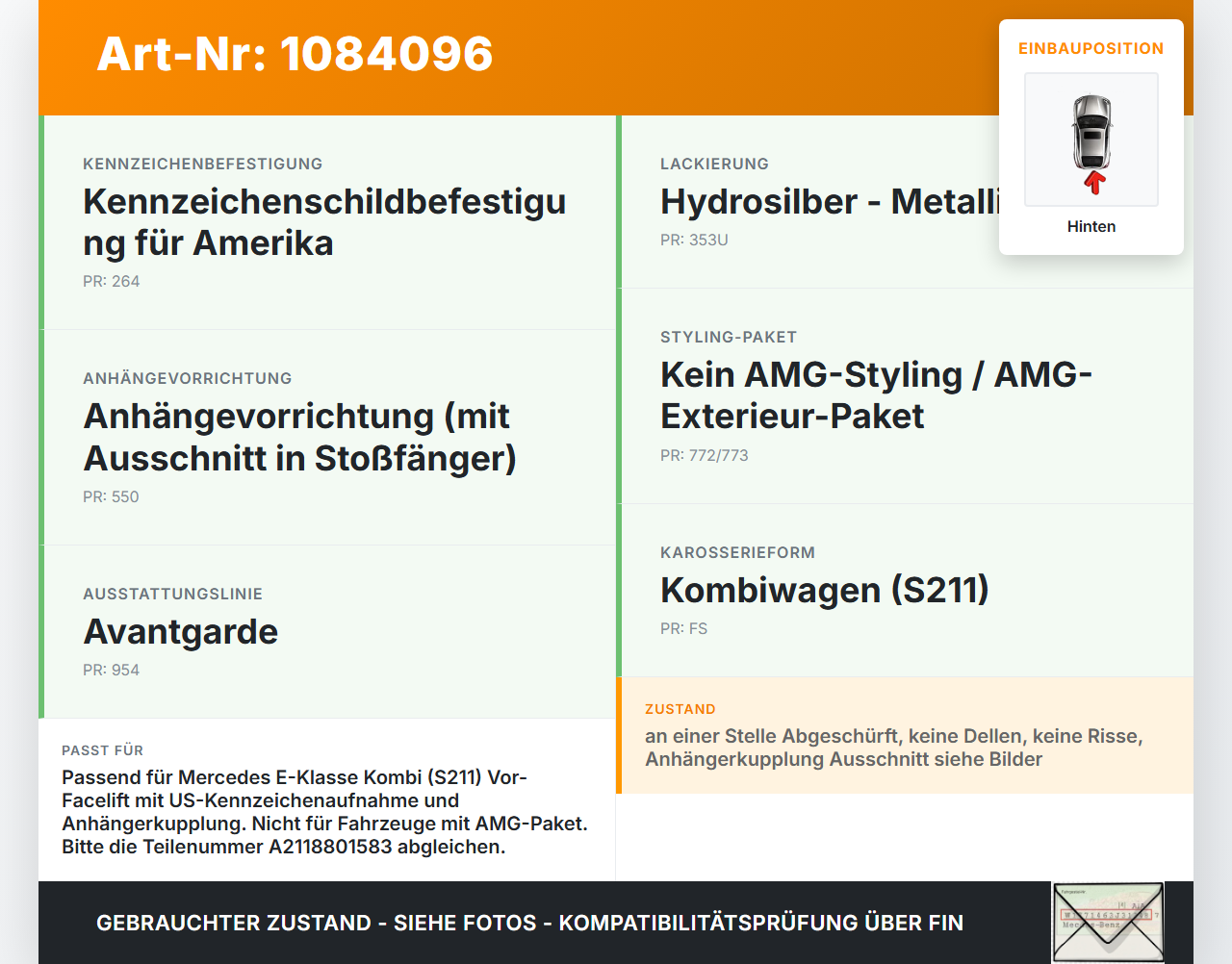 Mercedes S211 E500 02-06 Kombi Stoßstange Stoßfänger Heckstosstange Hinten 353 Mercedes S211 E500 02-06 01.07.2004... Vorschau 3