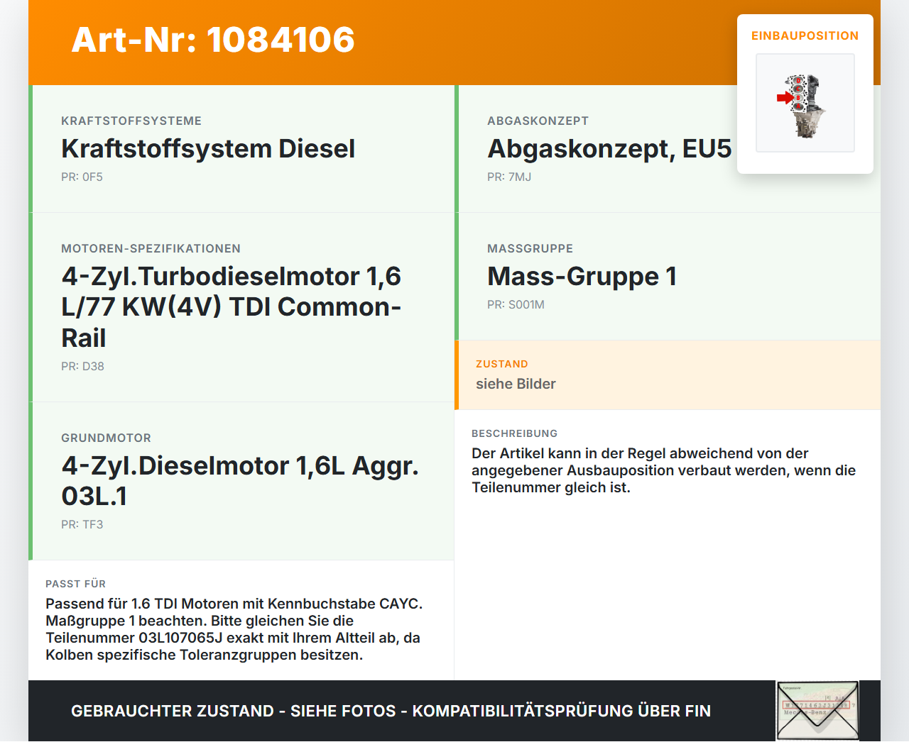 VW Passat 3C B7 10-14 TDI 1,6 77KW CAYC Kolben mit Pleuel Pos B VW Passat 3C B7 10-14 22.02.2014 03L107065J... Vorschau 3