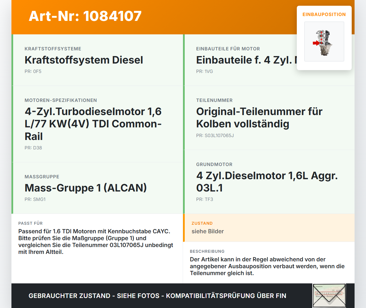 VW Passat 3C B7 10-14 TDI 1,6 77KW CAYC Kolben mit Pleuel Pos A VW Passat 3C B7 10-14 22.02.2014 03L107065J... Vorschau 3