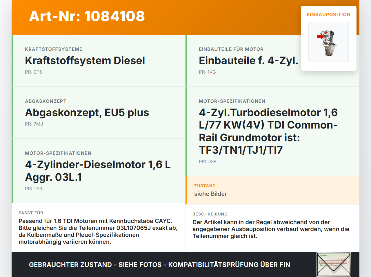 VW Passat 3C B7 10-14 TDI 1,6 77KW CAYC Kolben mit Pleuel Pos C VW Passat 3C B7 10-14 22.02.2014 03L107065J gebraucht Vorschau 3