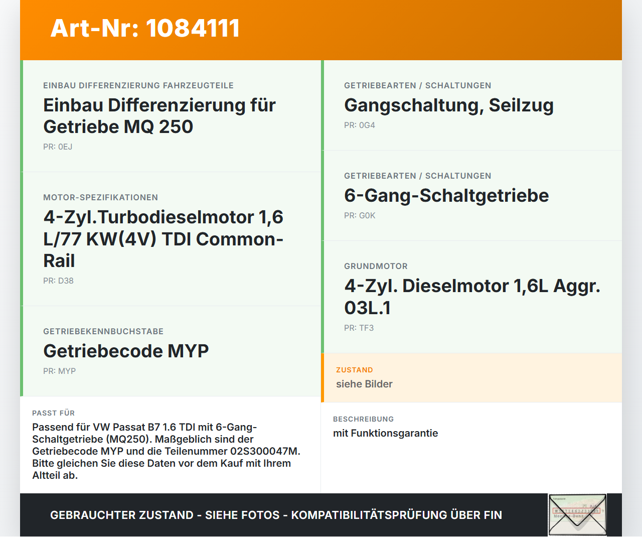 VW Passat 3C B7 10-14 TDI 1,6 77KW Schaltgetriebe Getriebe VW Passat 3C B7 10-14 22.02.2014 02S300047M gebraucht Vorschau 3