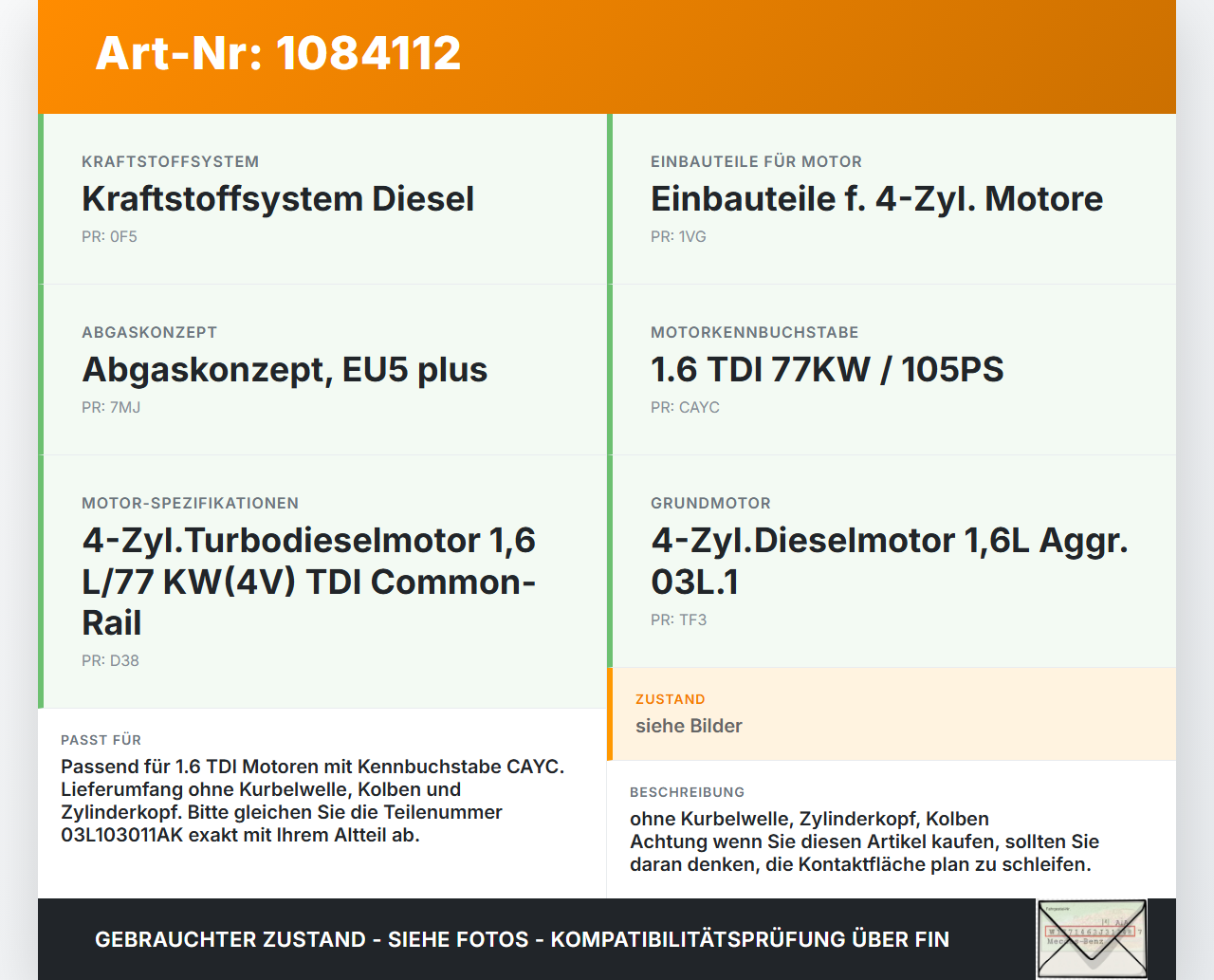 VW Passat 3C B7 10-14 TDI 1,6 77KW CAYC Motorblock für Motor VW Passat 3C B7 10-14 22.02.2014 03L103011AK 03L021AL... Vorschau 3