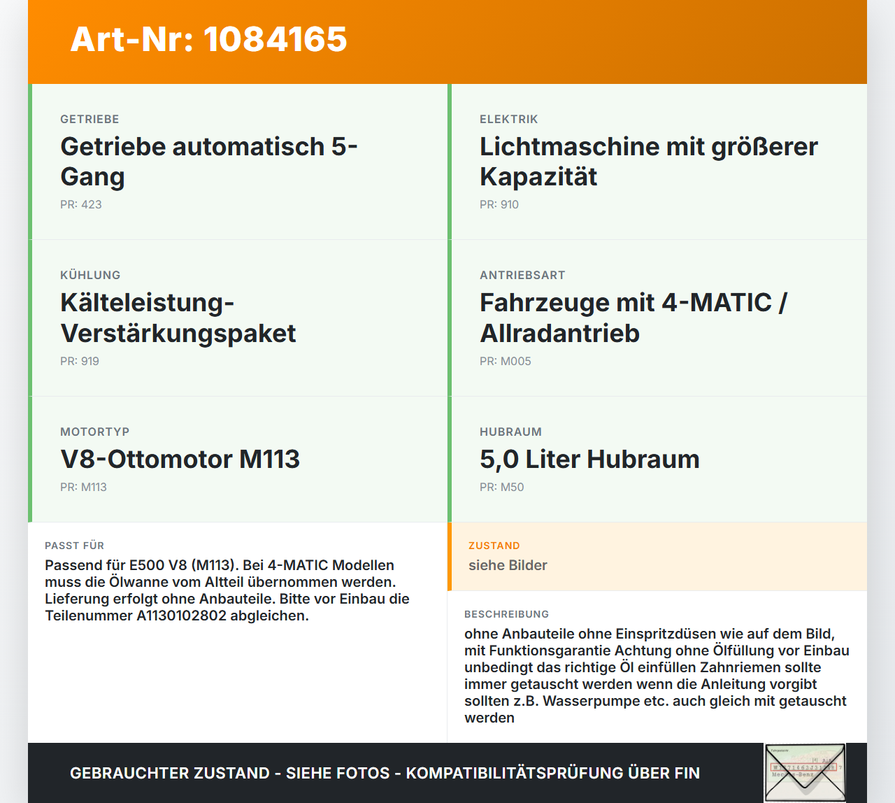 Mercedes S211 E500 02-06 5,0 225KW 113969 Motor Triebwerk Mercedes S211 E500 02-06 01.07.2004 A1130102802 gebraucht Vorschau 3