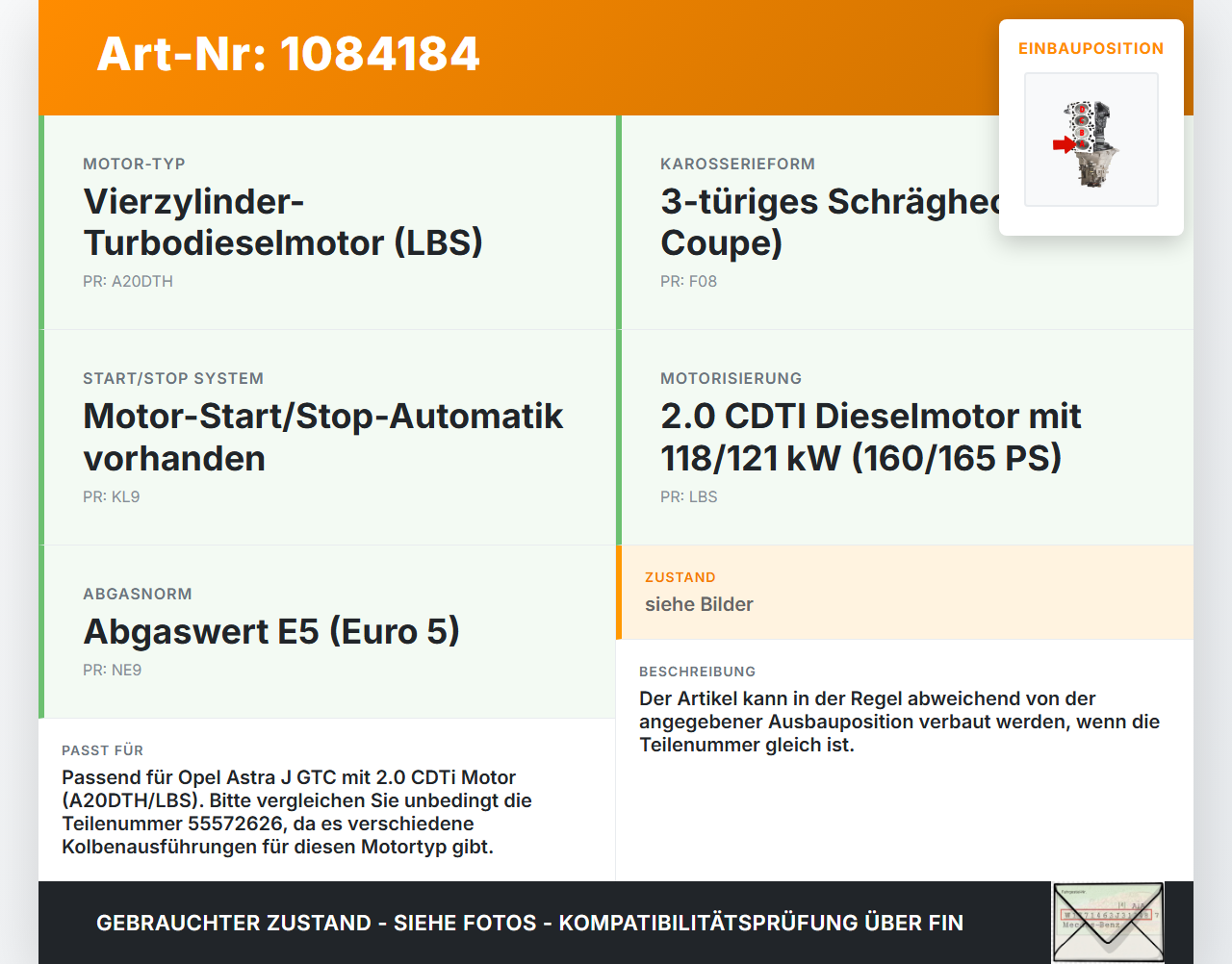 Opel Astra J GTC 11-18 CDTi 2,0 121KW A20DTH Kolben mit Pleuel Pleuelstange Motor Kolben Zylinder A Pos A Opel... Vorschau 3