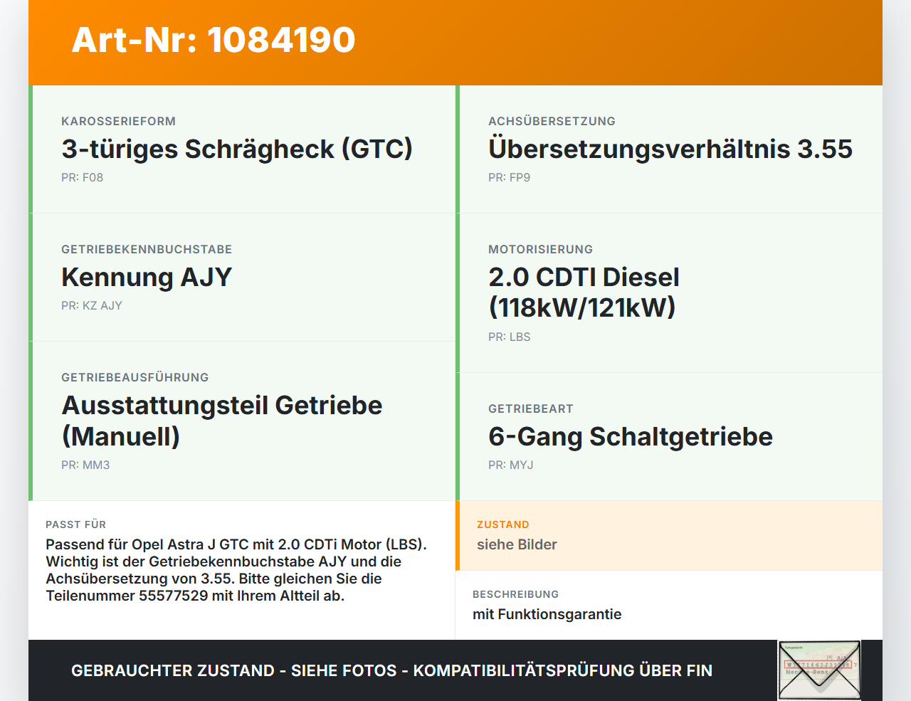 Opel Astra J GTC 11-18 CDTi 2,0 121KW Schaltgetriebe Getriebe Opel Astra J GTC 11-18 16.11.2011 55577529 gebraucht Vorschau 3