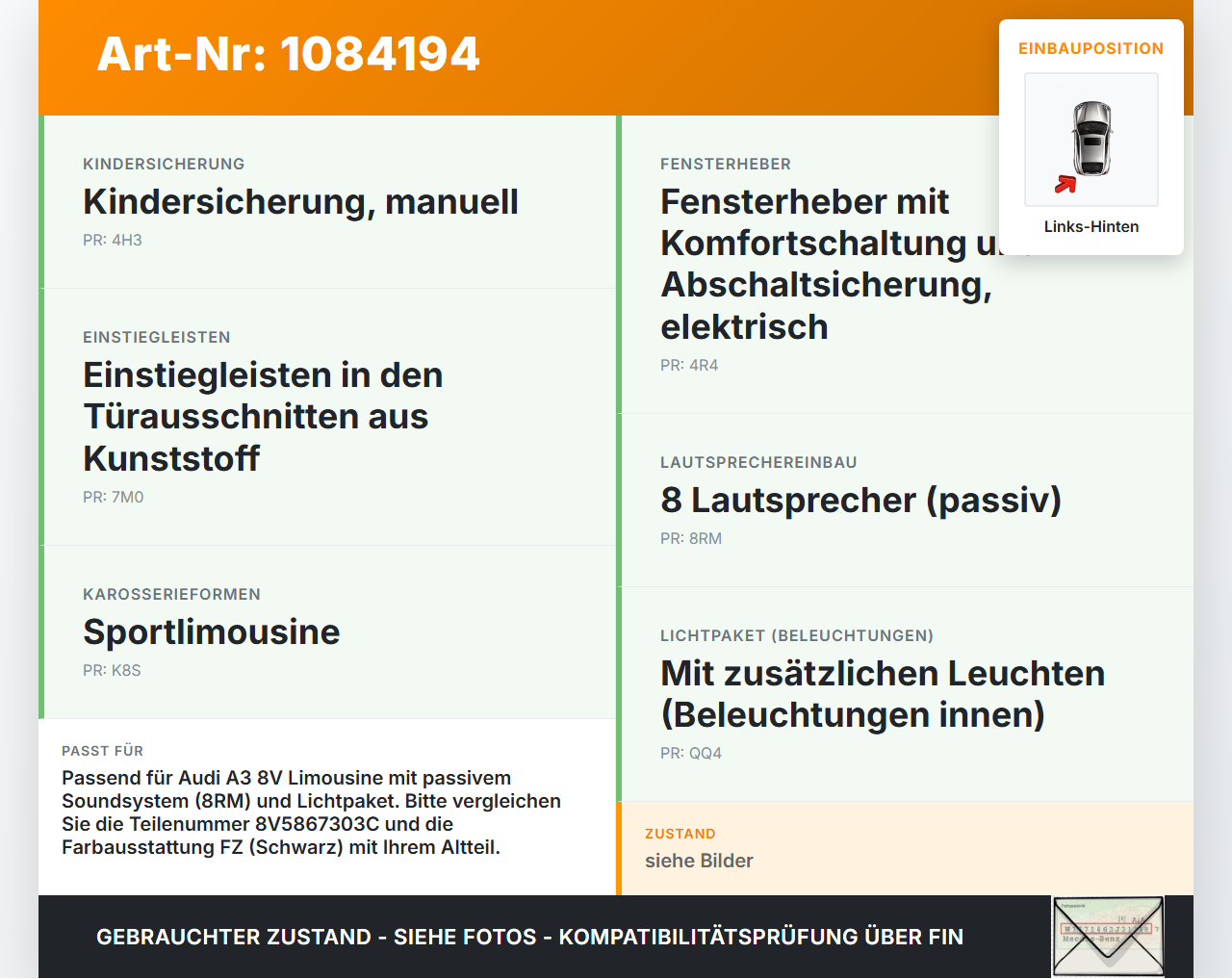 Audi A3 8V 12-16 Lim Türverkleidung Türpappe Links Hinten Audi A3 8V 12-16 17.06.2016 8V5867303C gebraucht Vorschau 3