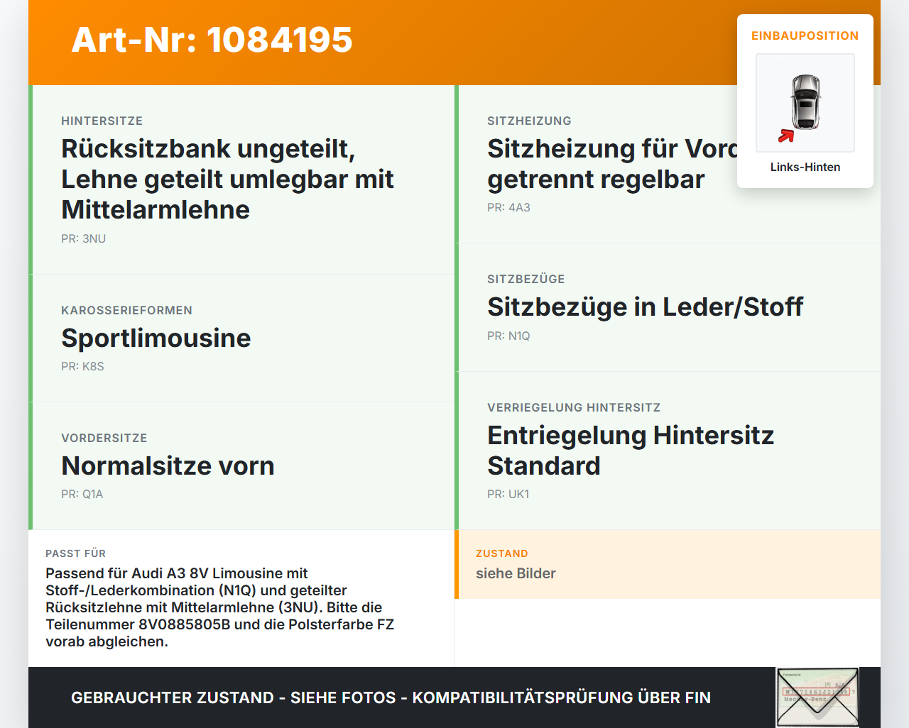 Audi A3 8V 12-16 Rücksitzlehne Lehne Rückbank Sitzlehne Stoff Links Hinten Audi A3 8V 12-16 17.06.2016 8V0885805B... Vorschau 3
