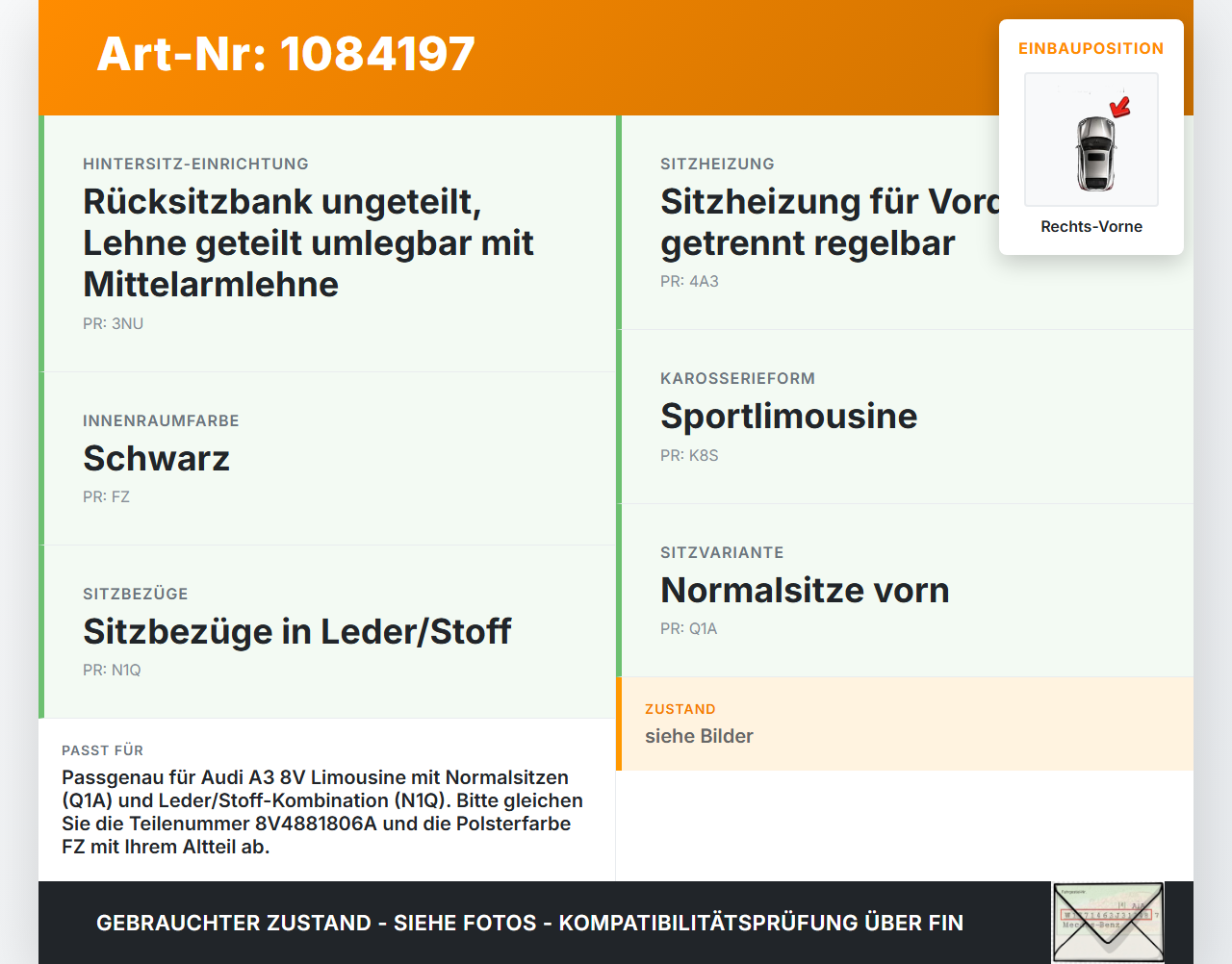 Audi A3 8V 12-16 Lim Sitzbezug Rückenpolster Sitzpolster Rückenlehne Rechts Vorne Audi A3 8V 12-16 17.06.2016... Vorschau 3