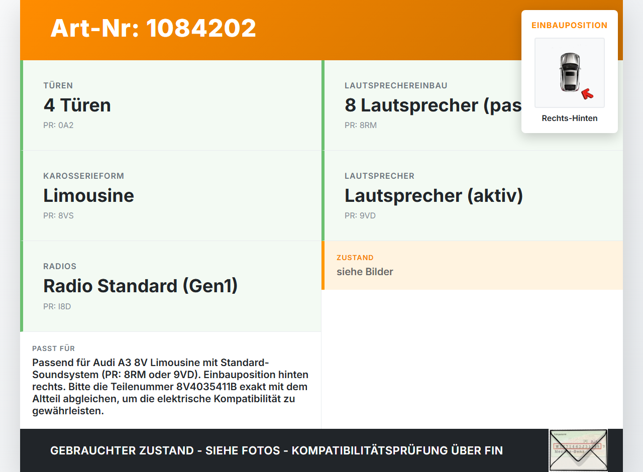 Audi A3 8V 12-16 TDI 2,0 110KW Lautsprecher Boxen Türlautsprecher Soundsystem Box Audio Rechts Hinten Audi A3 8V... Vorschau 3