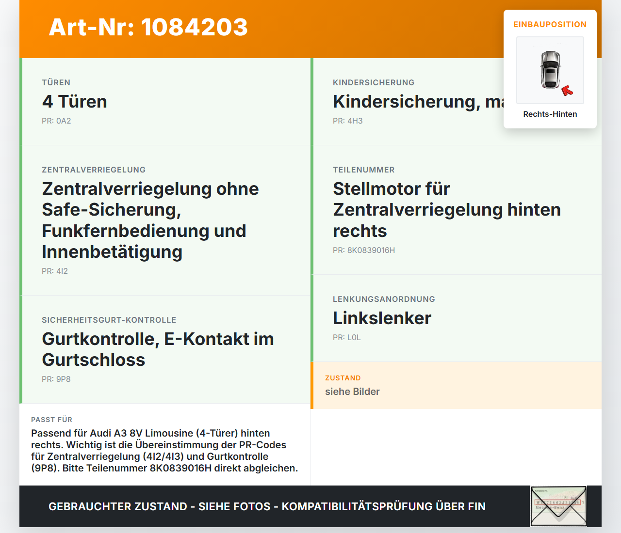 Audi A3 8V 12-16 Lim Türschloss Stellmotor Zentralverriegelung Schloss Rechts Hinten Audi A3 8V 12-16 17.06.2016... Vorschau 3