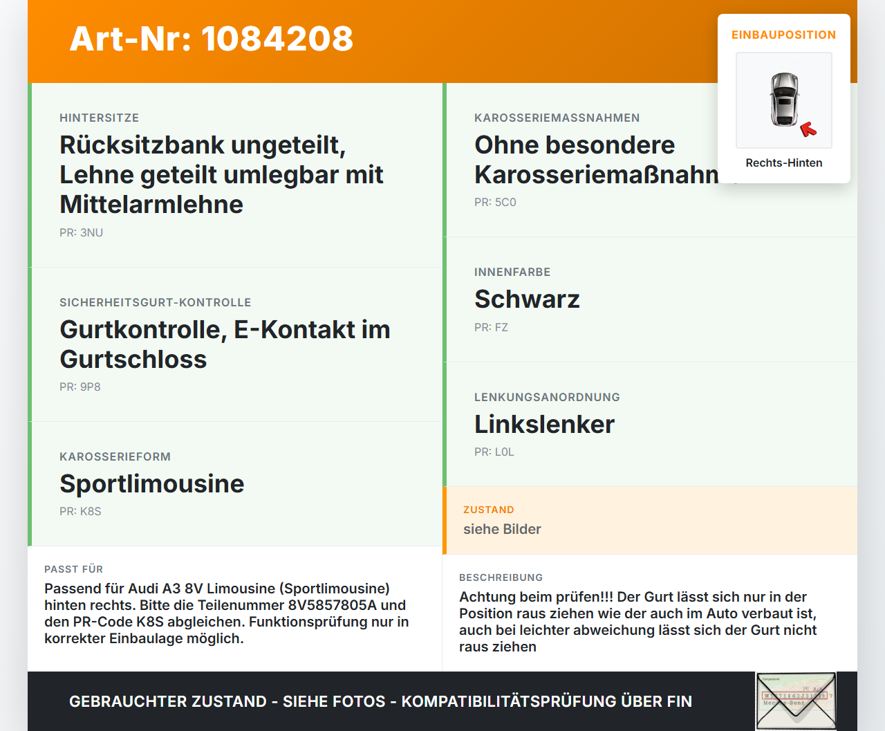 Audi A3 8V 12-16 Lim Sicherheitsgurt Gurt Gurtstraffer Rechts Hinten Audi A3 8V 12-16 17.06.2016 8V5857805A gebraucht Vorschau 3