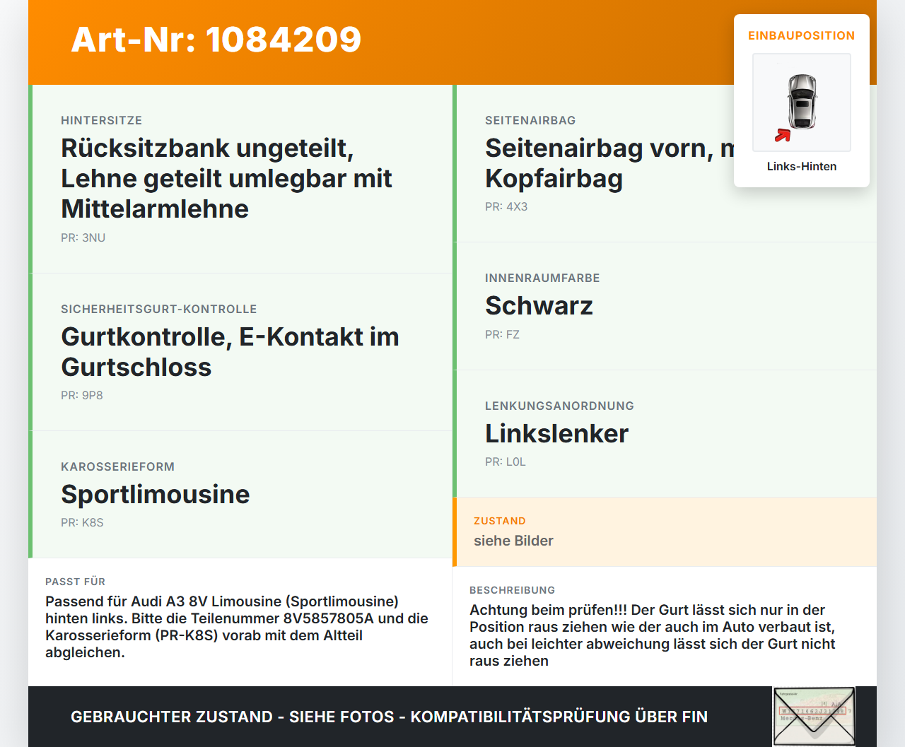 Audi A3 8V 12-16 Lim Sicherheitsgurt Gurtstraffer Rollgurt Links Hinten Audi A3 8V 12-16 17.06.2016 8V5857805A... Vorschau 3