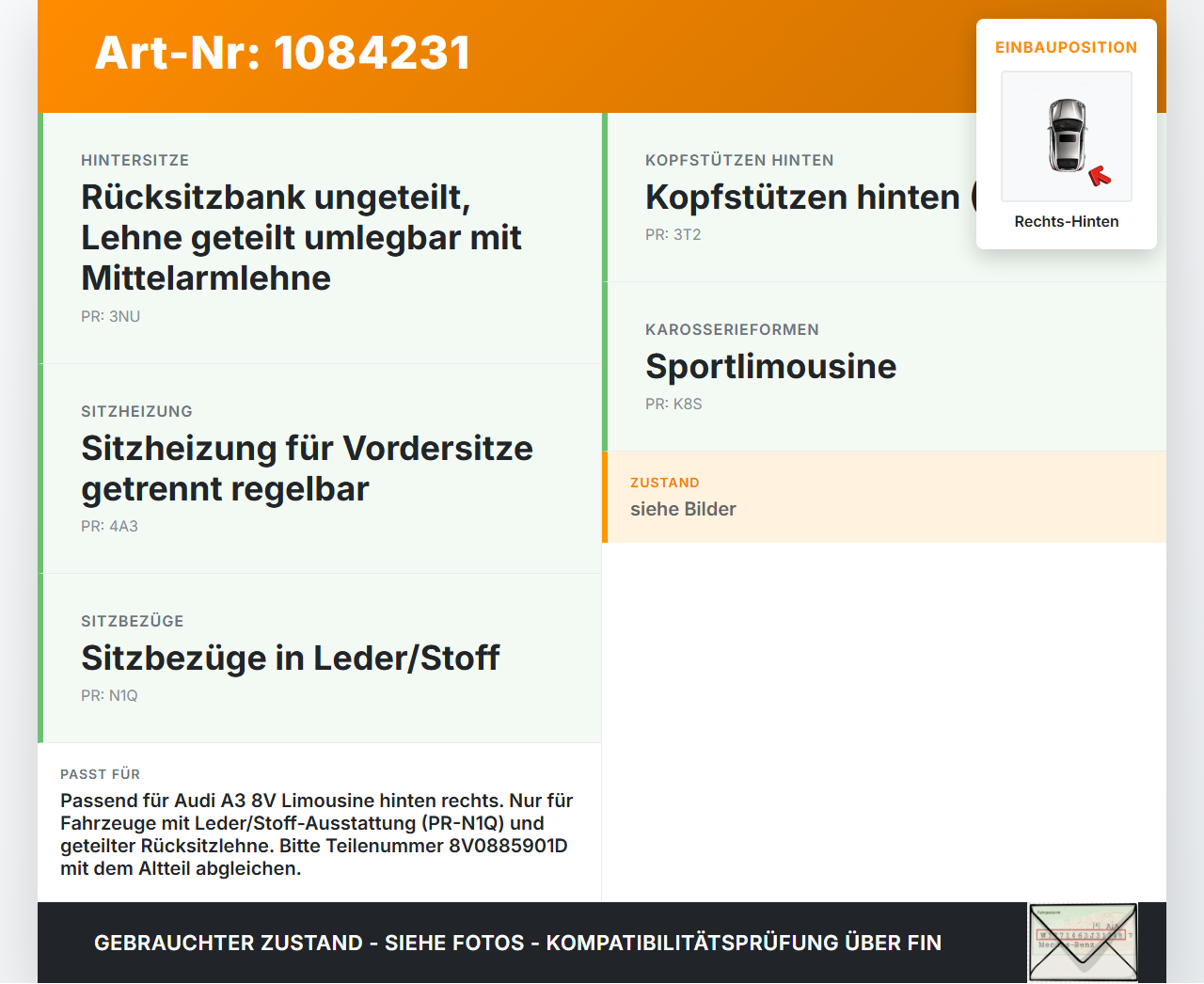 Audi A3 8V 12-16 Kopfstütze Leder Schwarz Nackenstütze Kopfpolster Rechts Hinten Audi A3 8V 12-16 17.06.2016... Vorschau 3