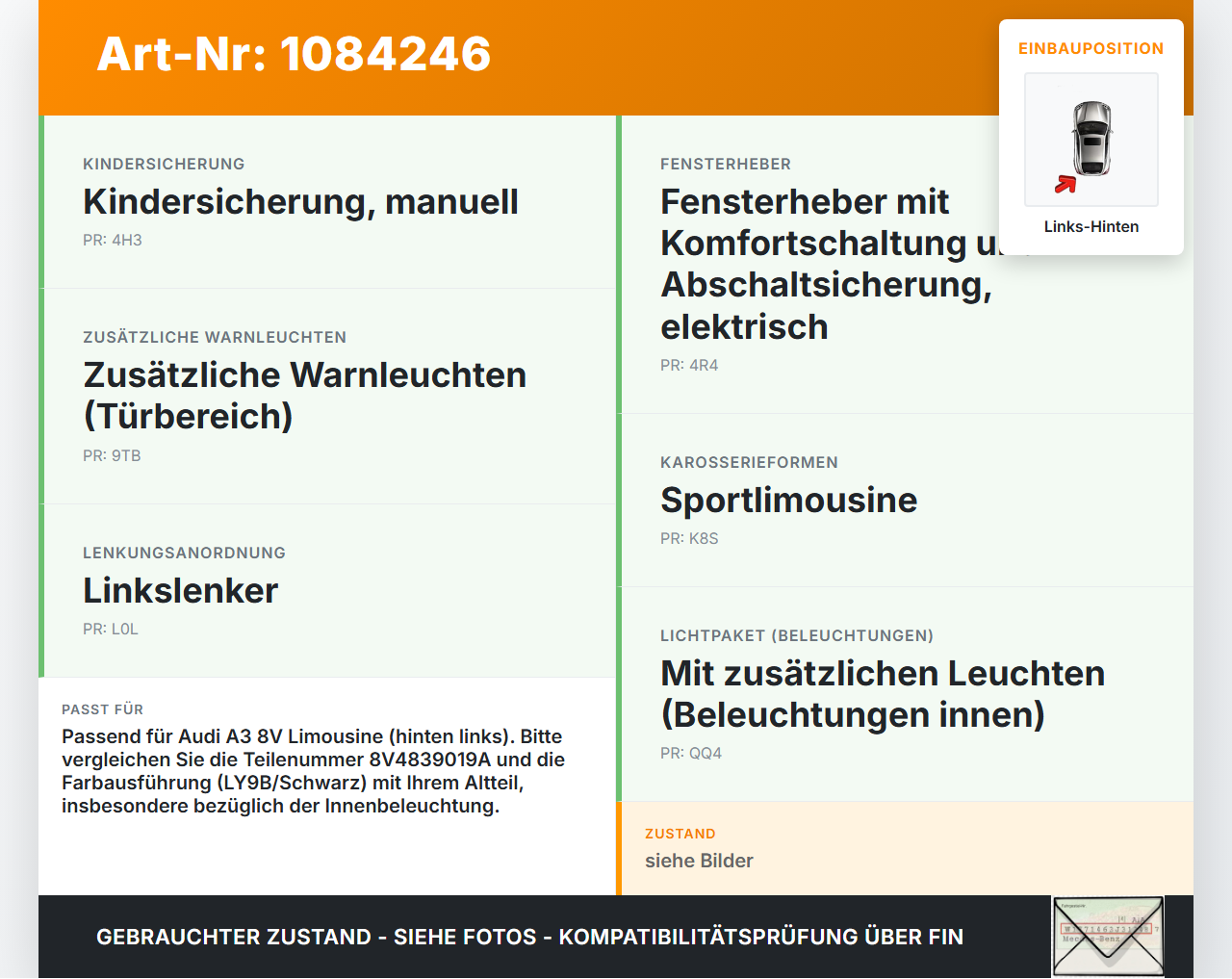 Audi A3 8V 12-16 Lim Türgriff Griffmuschel Griff Innen Links Hinten LY9B Audi A3 8V 12-16 17.06.2016 8V4839019A... Vorschau 3